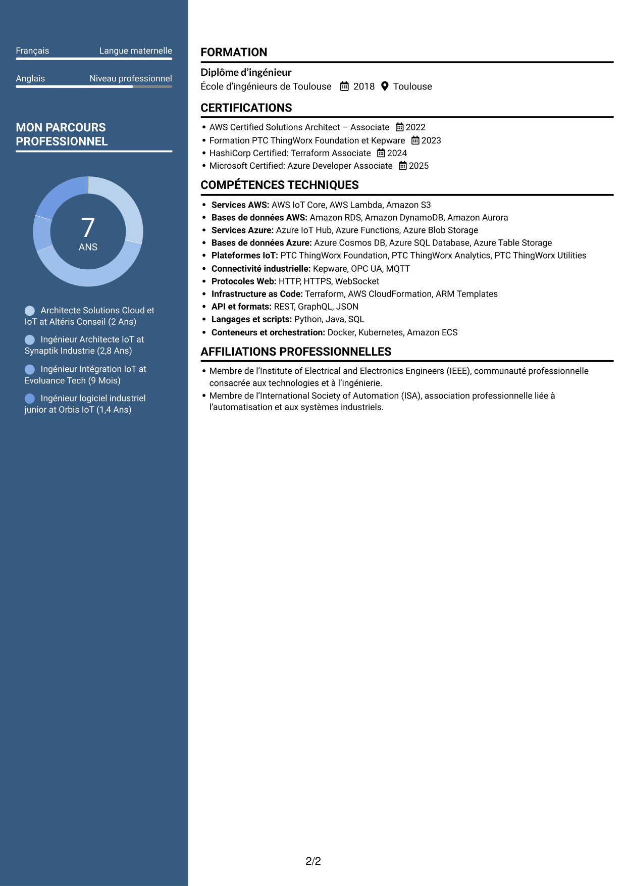 CV Signature (format à colonne latérale colorée avec grande photo) : Architecte Solutions Cloud & IoT industriel, page 2