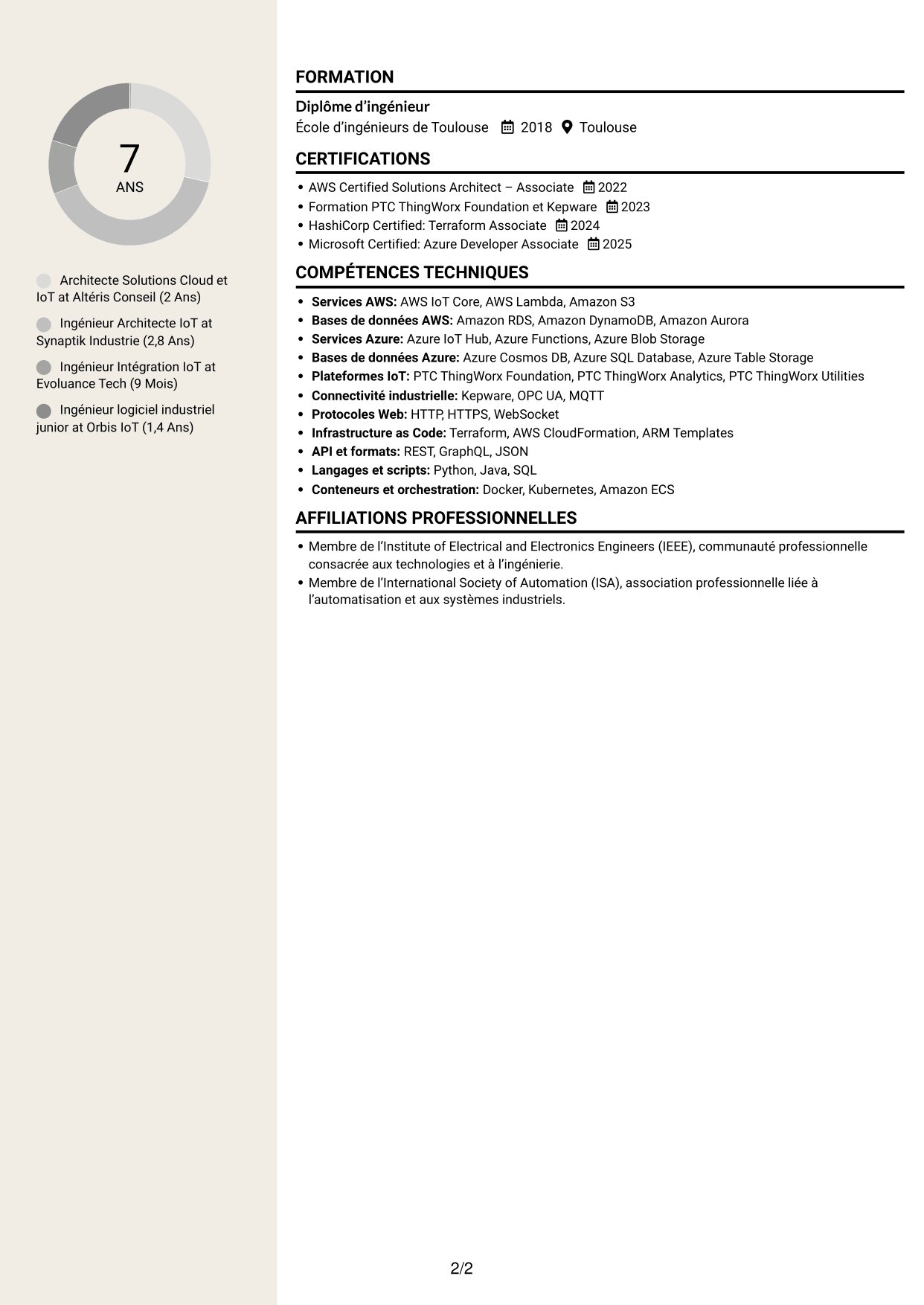 CV Fonceur (format à deux colonnes avec en-tête centré sans photo) : Architecte Solutions Cloud & IoT industriel, page 2