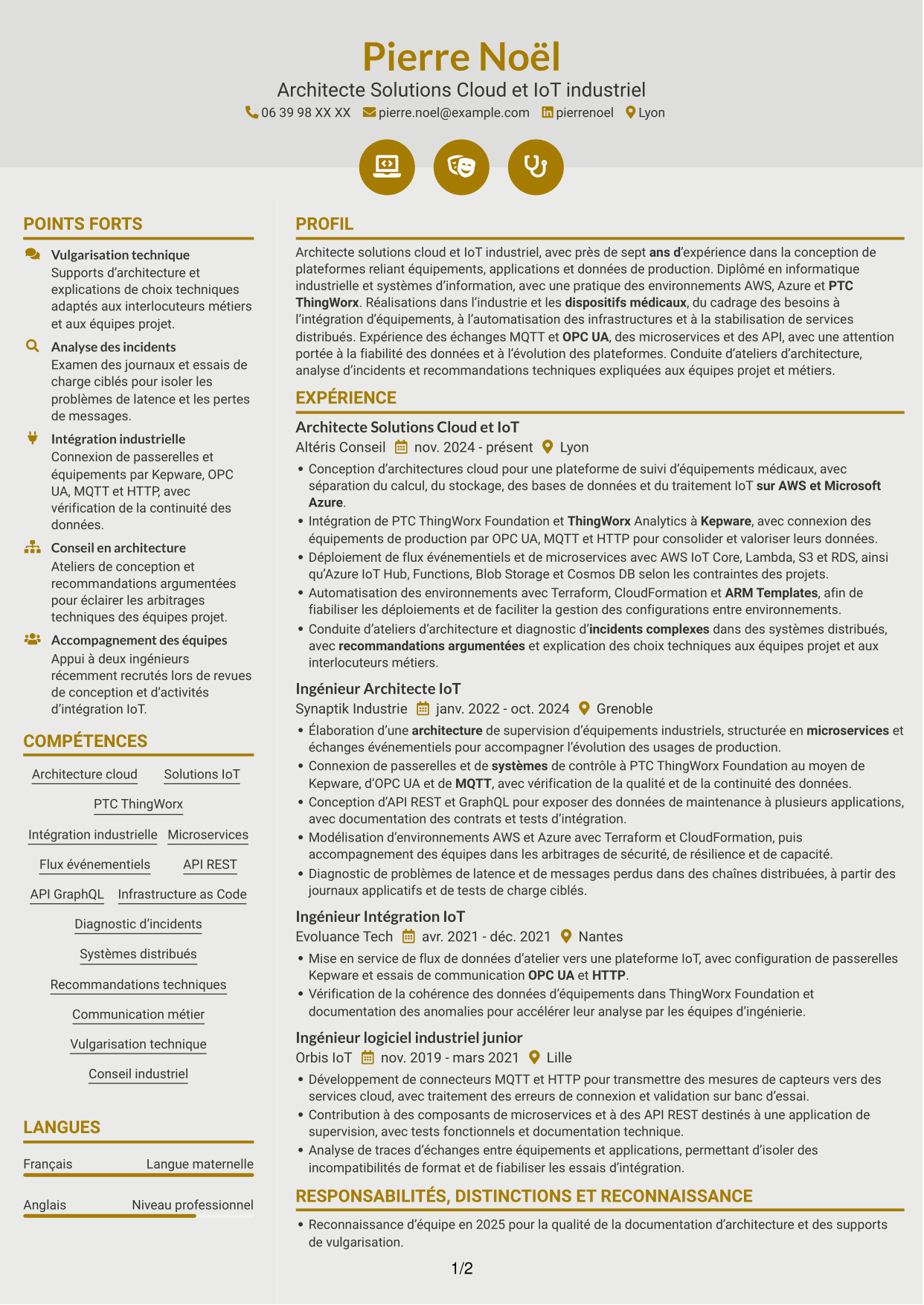 CV Dynamique (format à deux colonnes avec icônes) : Architecte Solutions Cloud & IoT industriel, page 1