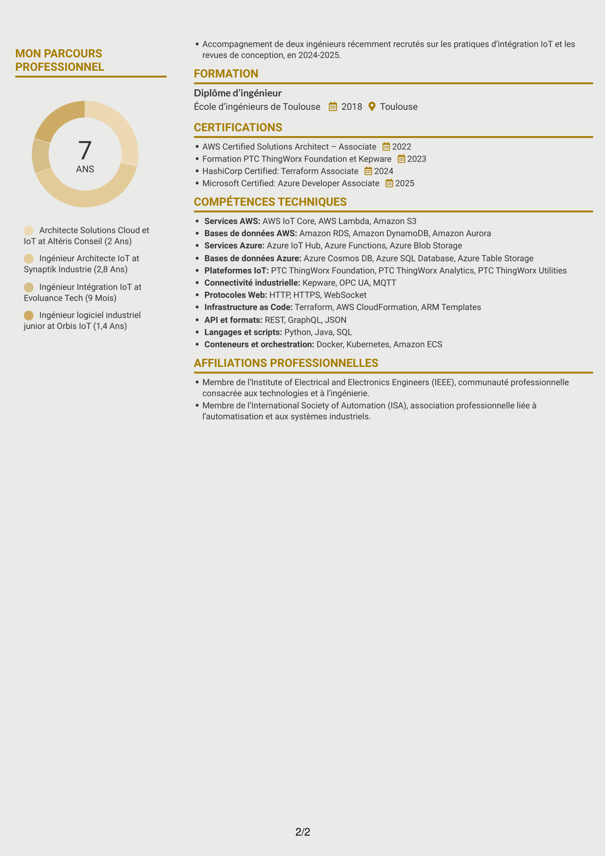 CV Dynamique (format à deux colonnes avec icônes) : Architecte Solutions Cloud & IoT industriel, page 2