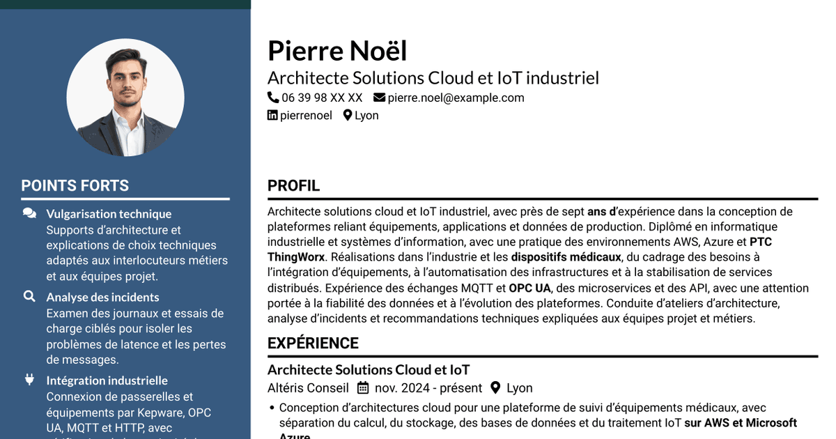7 modèles de CV pour Architecte Solutions Cloud & IoT industriel, avec exemples