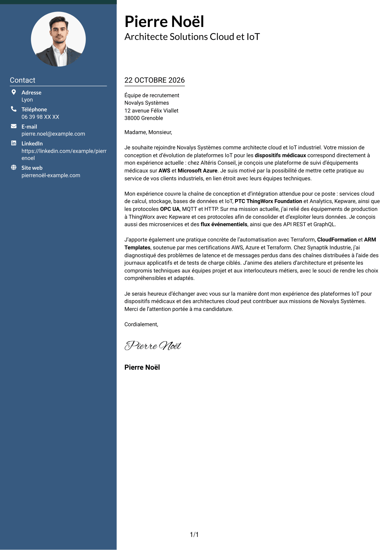 Lettre de motivation Élégant (format à colonne latérale colorée avec photo) : Architecte Solutions Cloud & IoT industriel, page 1