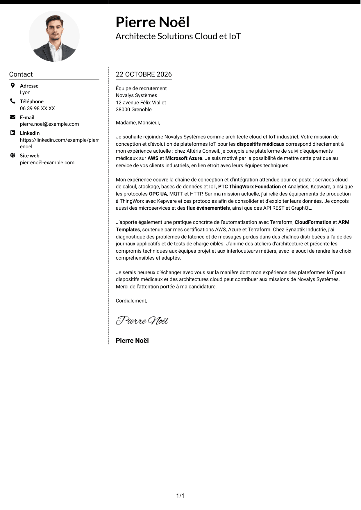 Lettre de motivation Moderne (format à deux colonnes avec photo à gauche et séparateur) : Architecte Solutions Cloud & IoT industriel, page 1