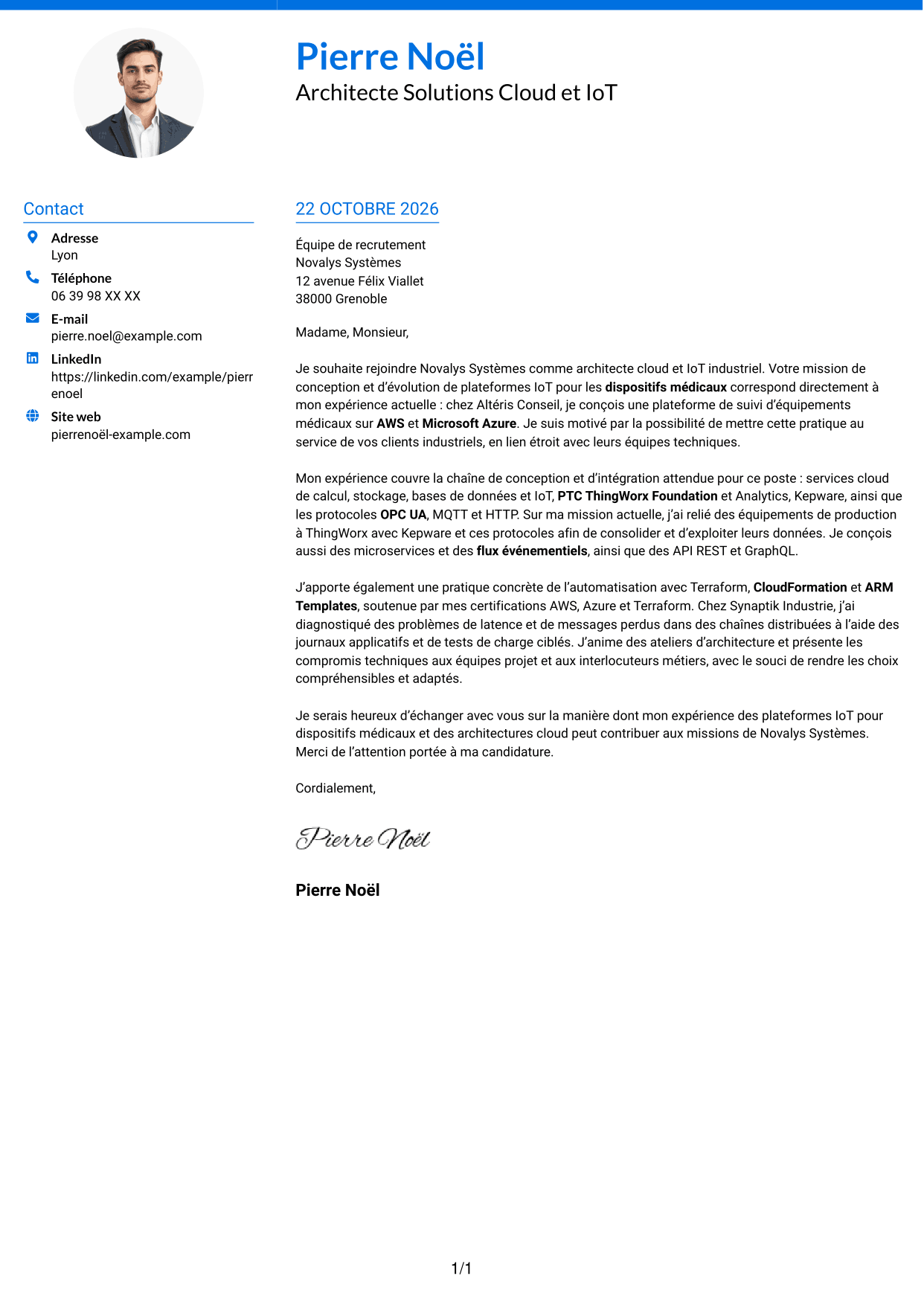 Lettre de motivation Audacieux (format à deux colonnes avec accents colorés et photo) : Architecte Solutions Cloud & IoT industriel, page 1