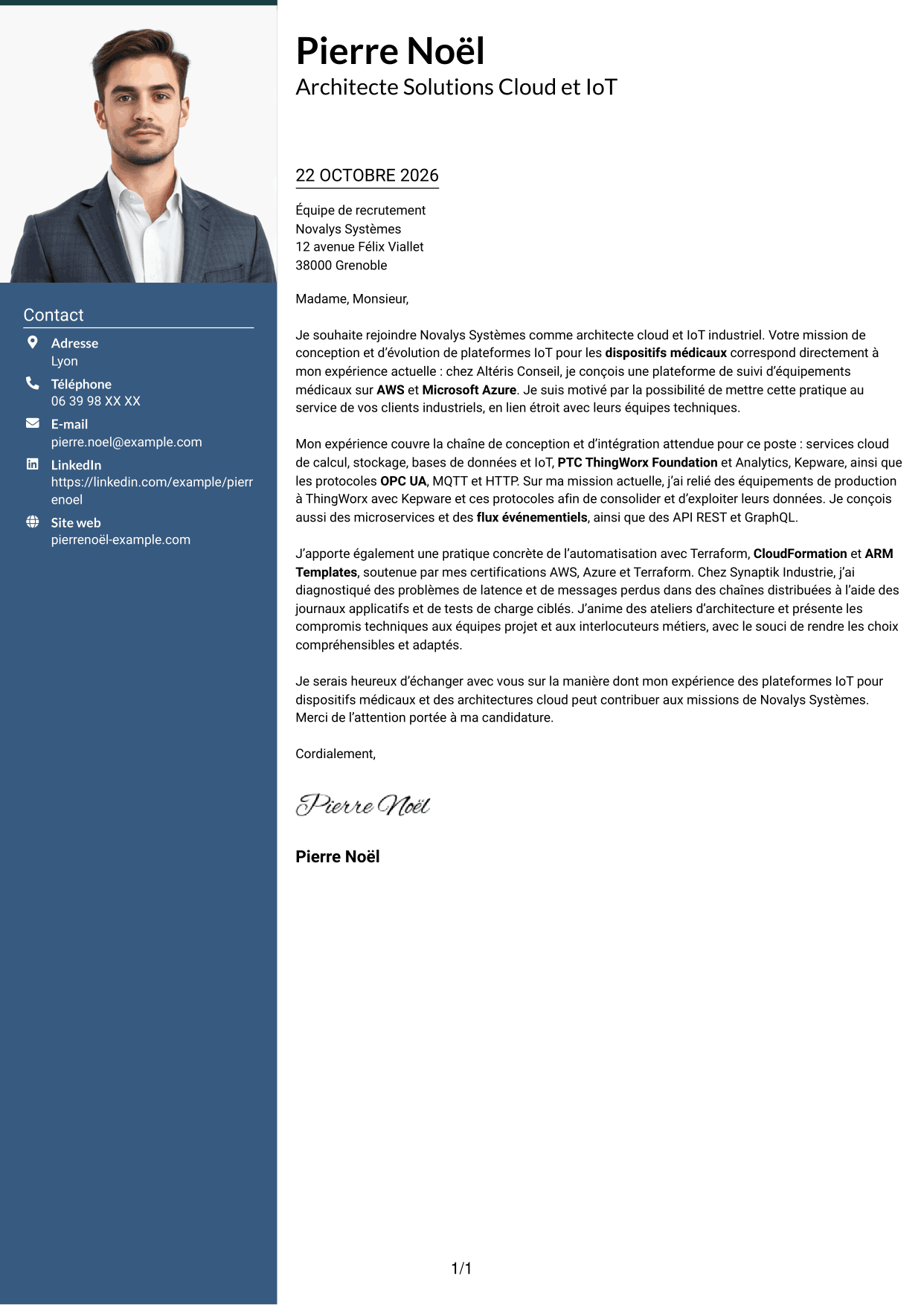 Lettre de motivation Signature (format à colonne latérale colorée avec grande photo) : Architecte Solutions Cloud & IoT industriel, page 1