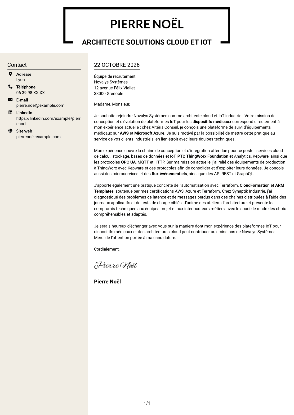 Lettre de motivation Fonceur (format à deux colonnes avec en-tête centré sans photo) : Architecte Solutions Cloud & IoT industriel, page 1
