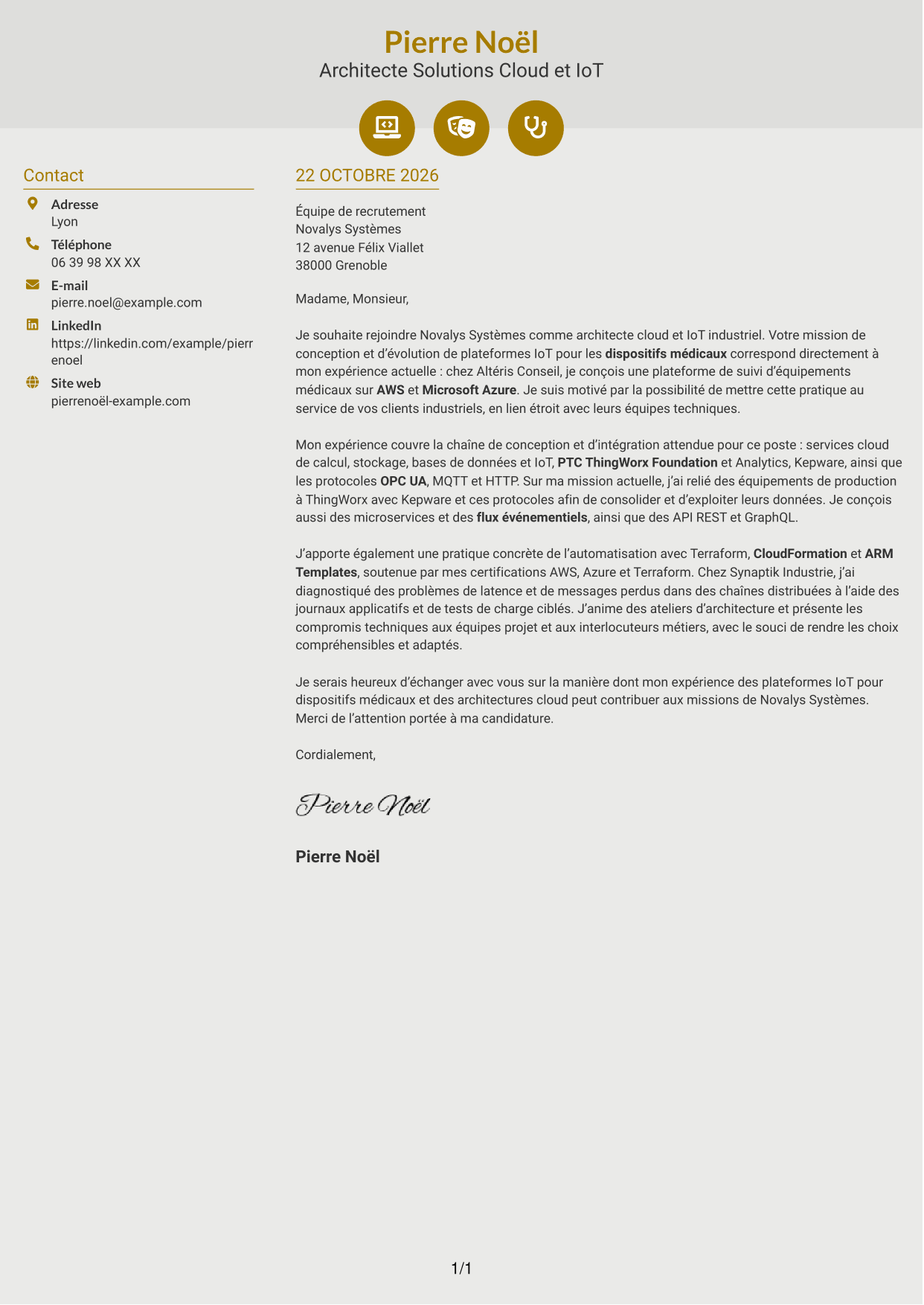 Lettre de motivation Dynamique (format à deux colonnes avec icônes) : Architecte Solutions Cloud & IoT industriel, page 1
