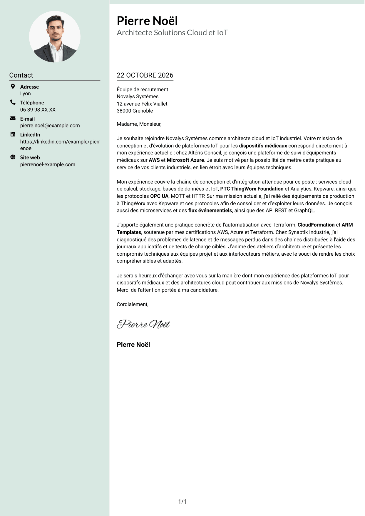 Lettre de motivation Cadre (format à colonne latérale douce avec photo arrondie) : Architecte Solutions Cloud & IoT industriel, page 1