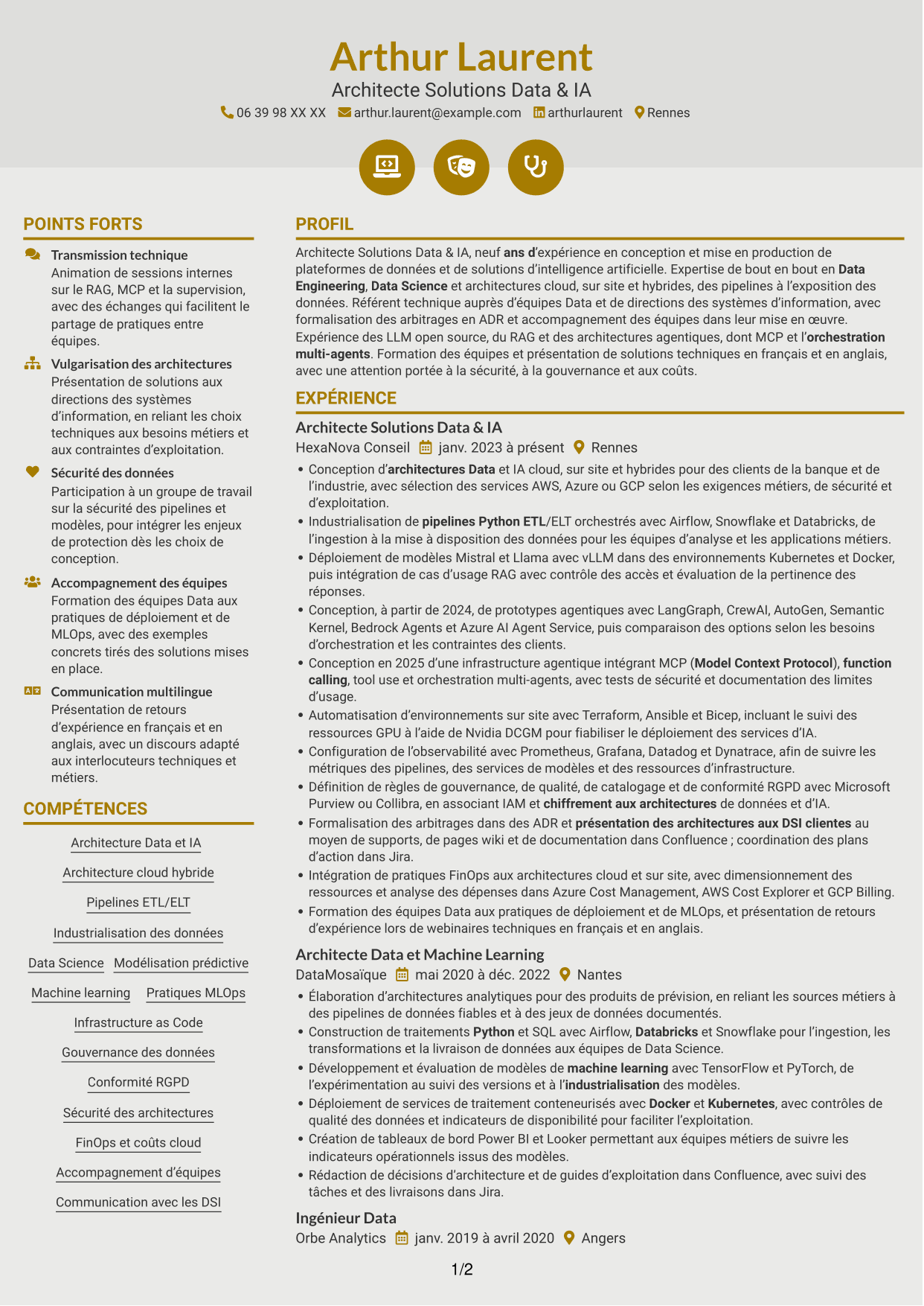 CV Dynamique (format à deux colonnes avec icônes) : Architecte Solutions Data & IA, page 1