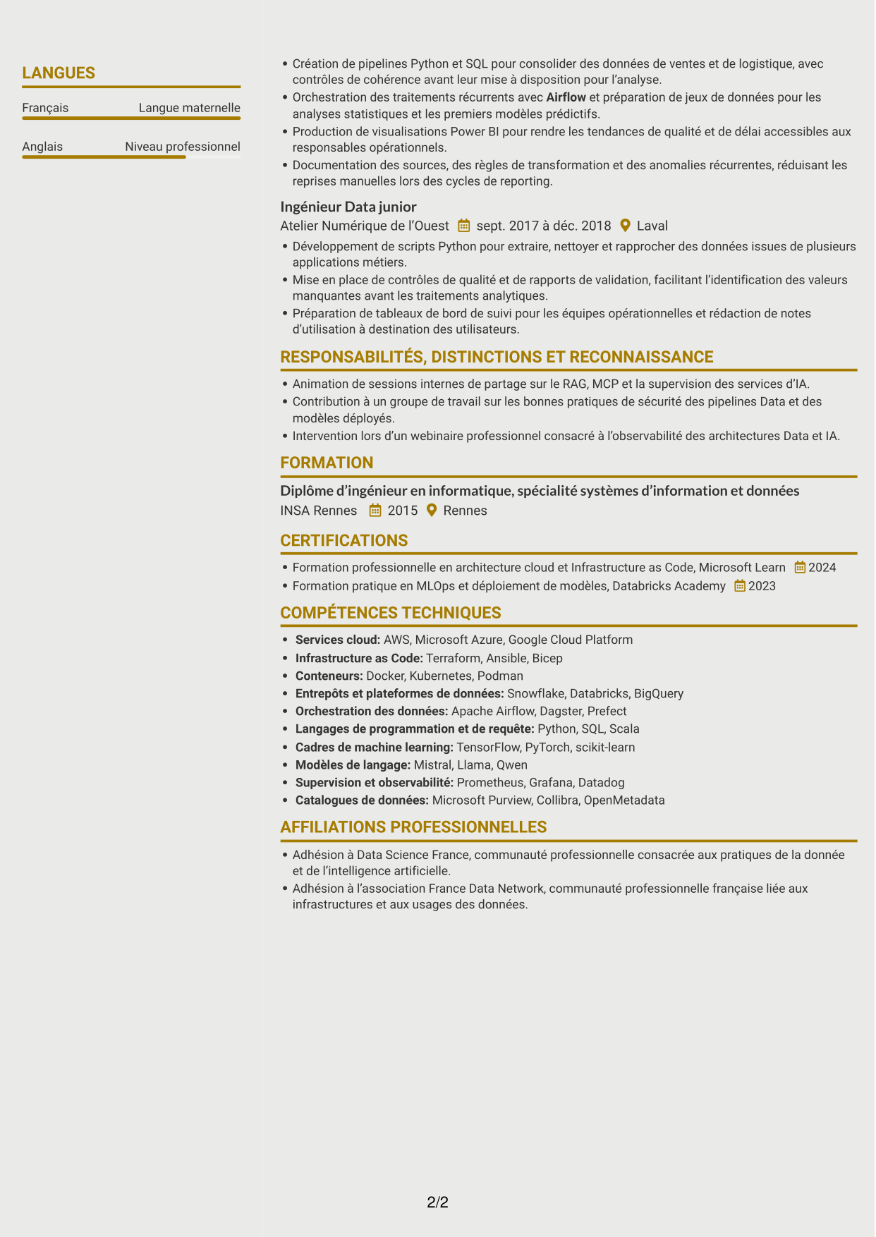 CV Dynamique (format à deux colonnes avec icônes) : Architecte Solutions Data & IA, page 2