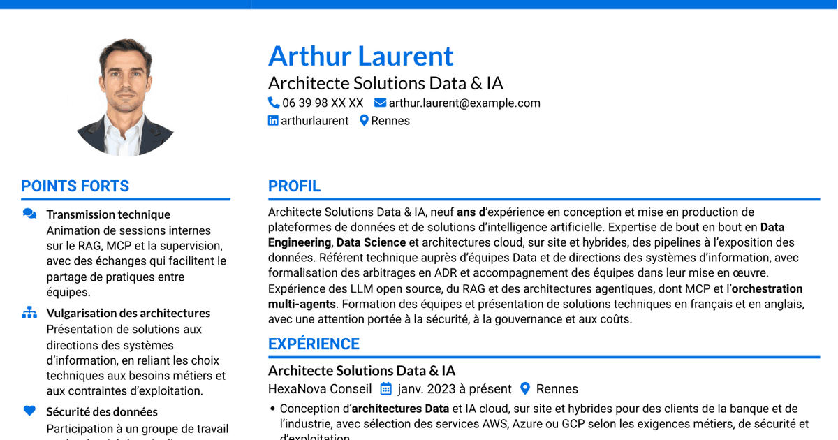 7 modèles de CV pour Architecte Solutions Data & IA, avec exemples