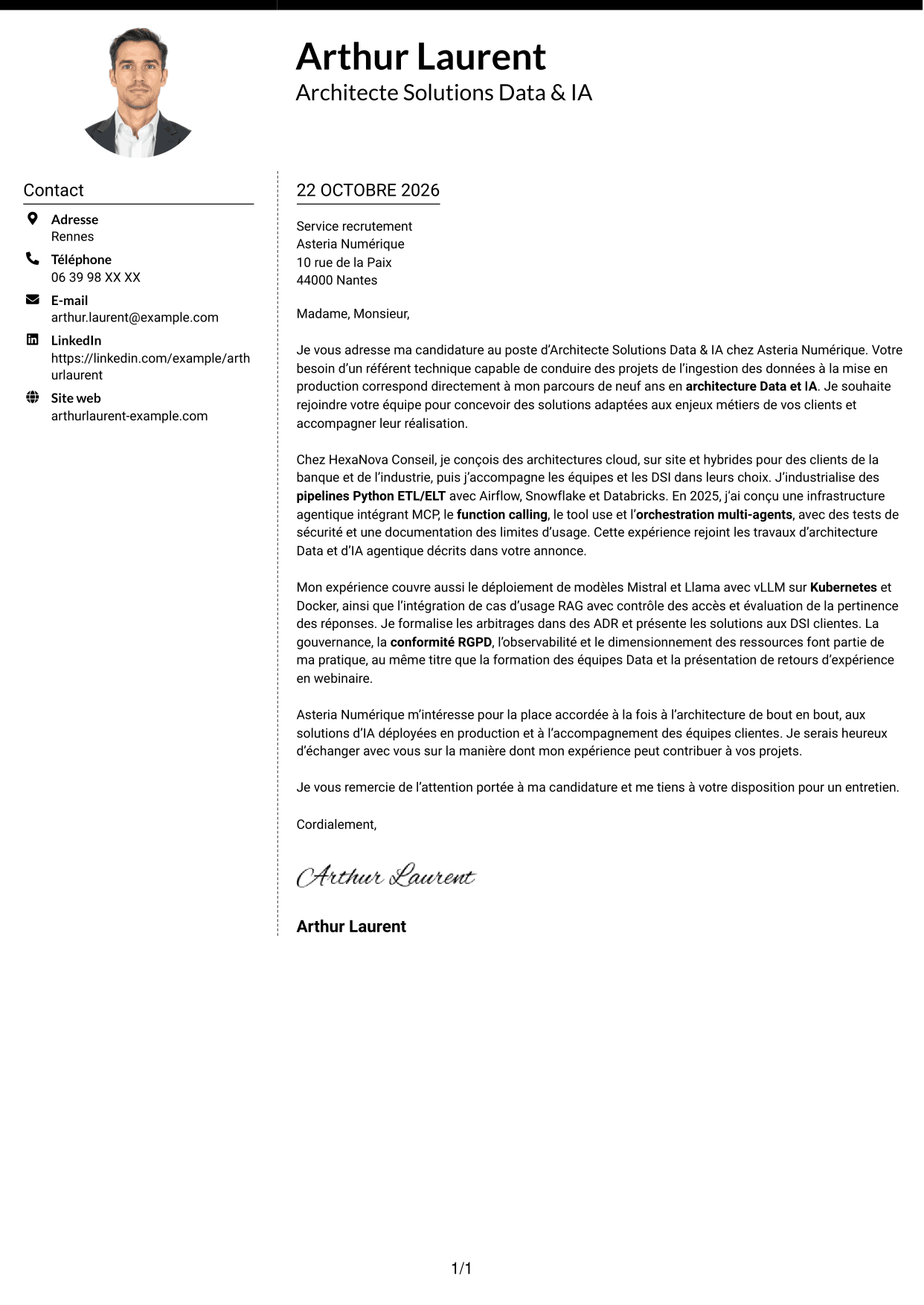 Lettre de motivation Moderne (format à deux colonnes avec photo à gauche et séparateur) : Architecte Solutions Data & IA, page 1