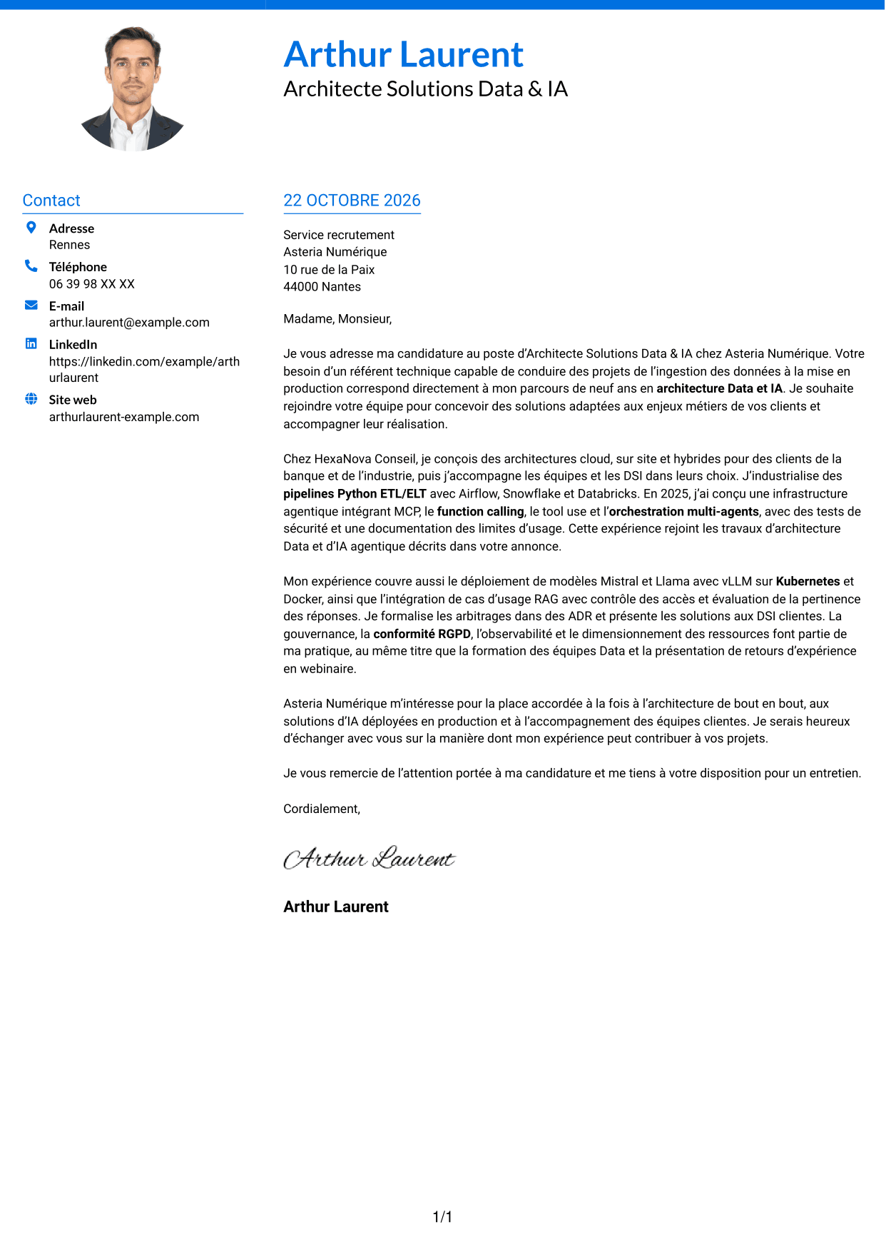 Lettre de motivation Audacieux (format à deux colonnes avec accents colorés et photo) : Architecte Solutions Data & IA, page 1