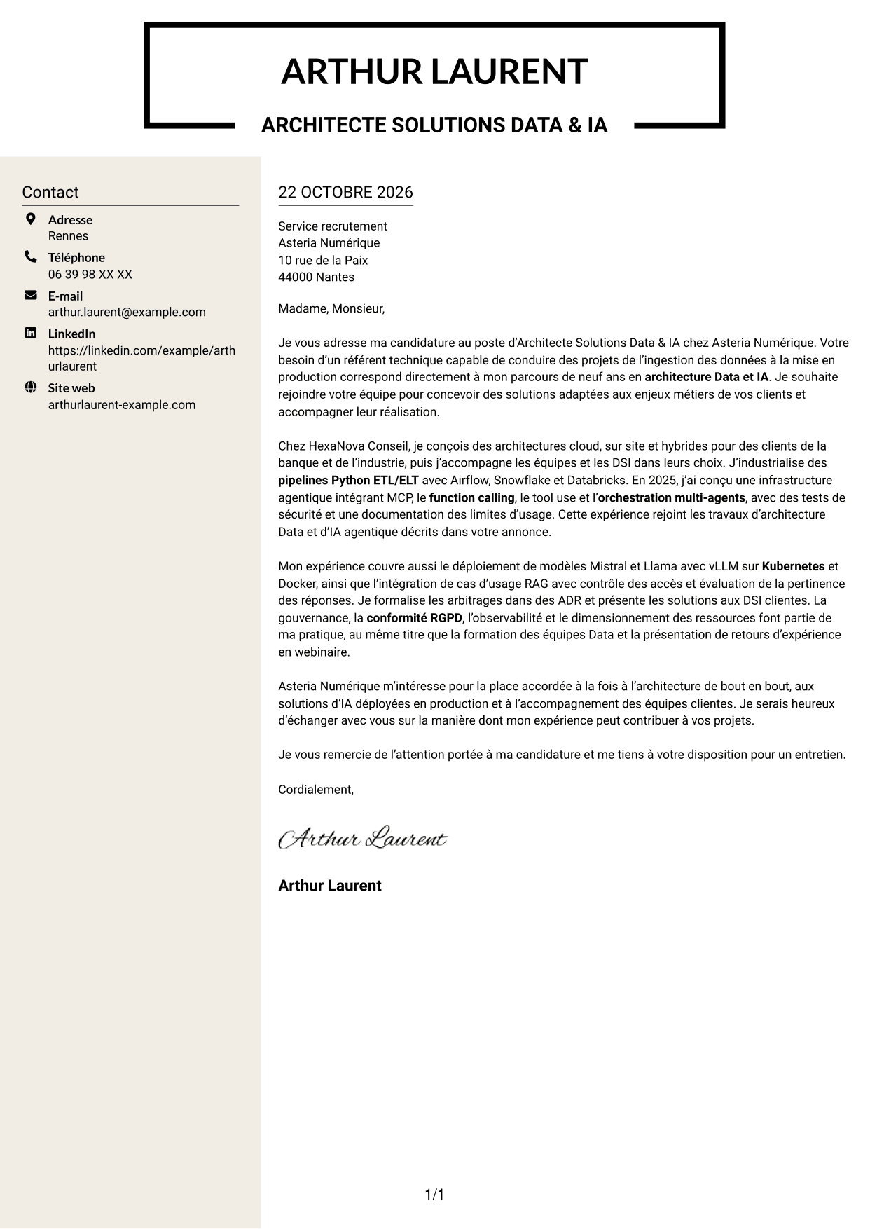 Lettre de motivation Fonceur (format à deux colonnes avec en-tête centré sans photo) : Architecte Solutions Data & IA, page 1