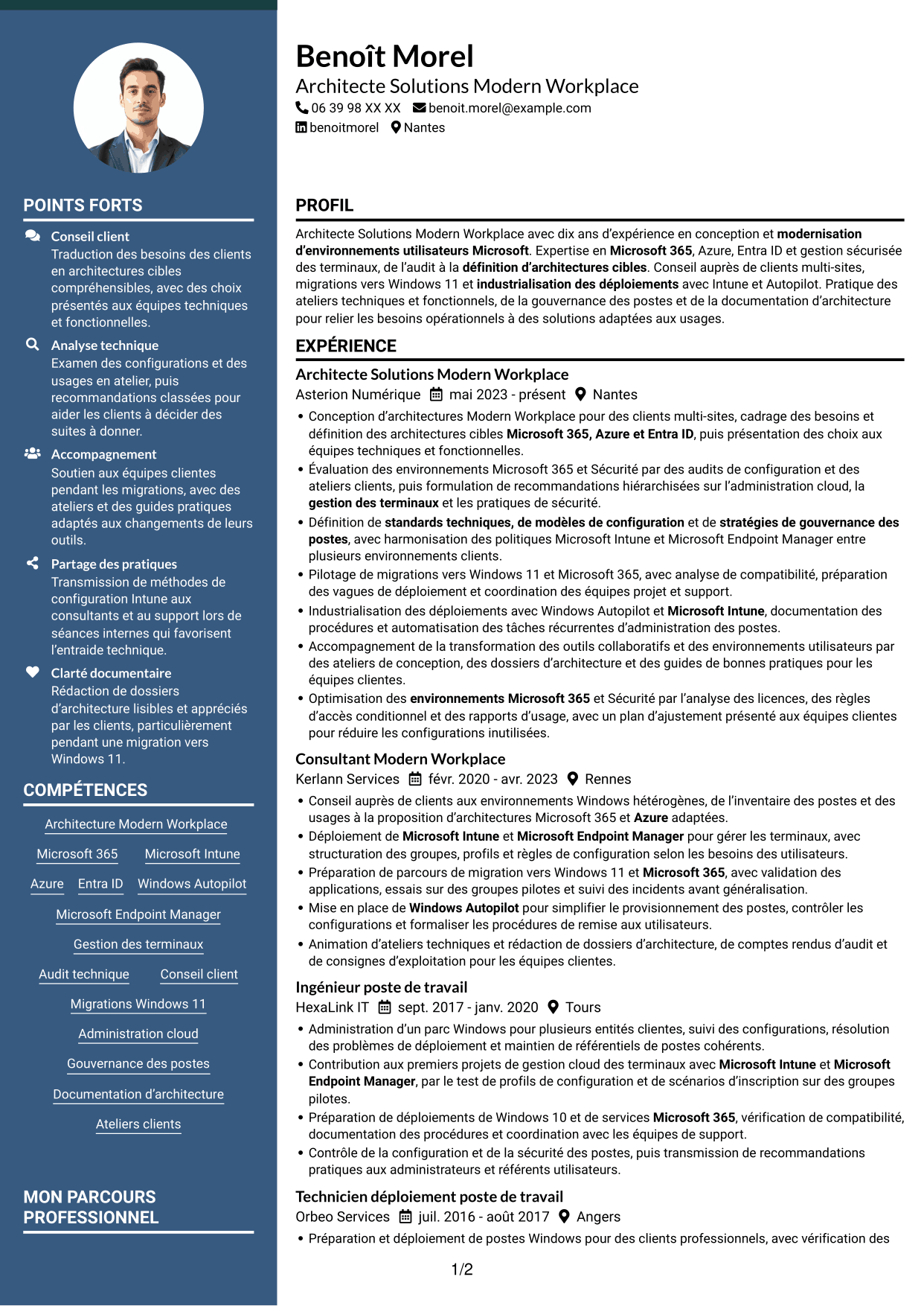 CV Élégant (format à colonne latérale colorée avec photo) : Architecte Solutions Modern Workplace, page 1