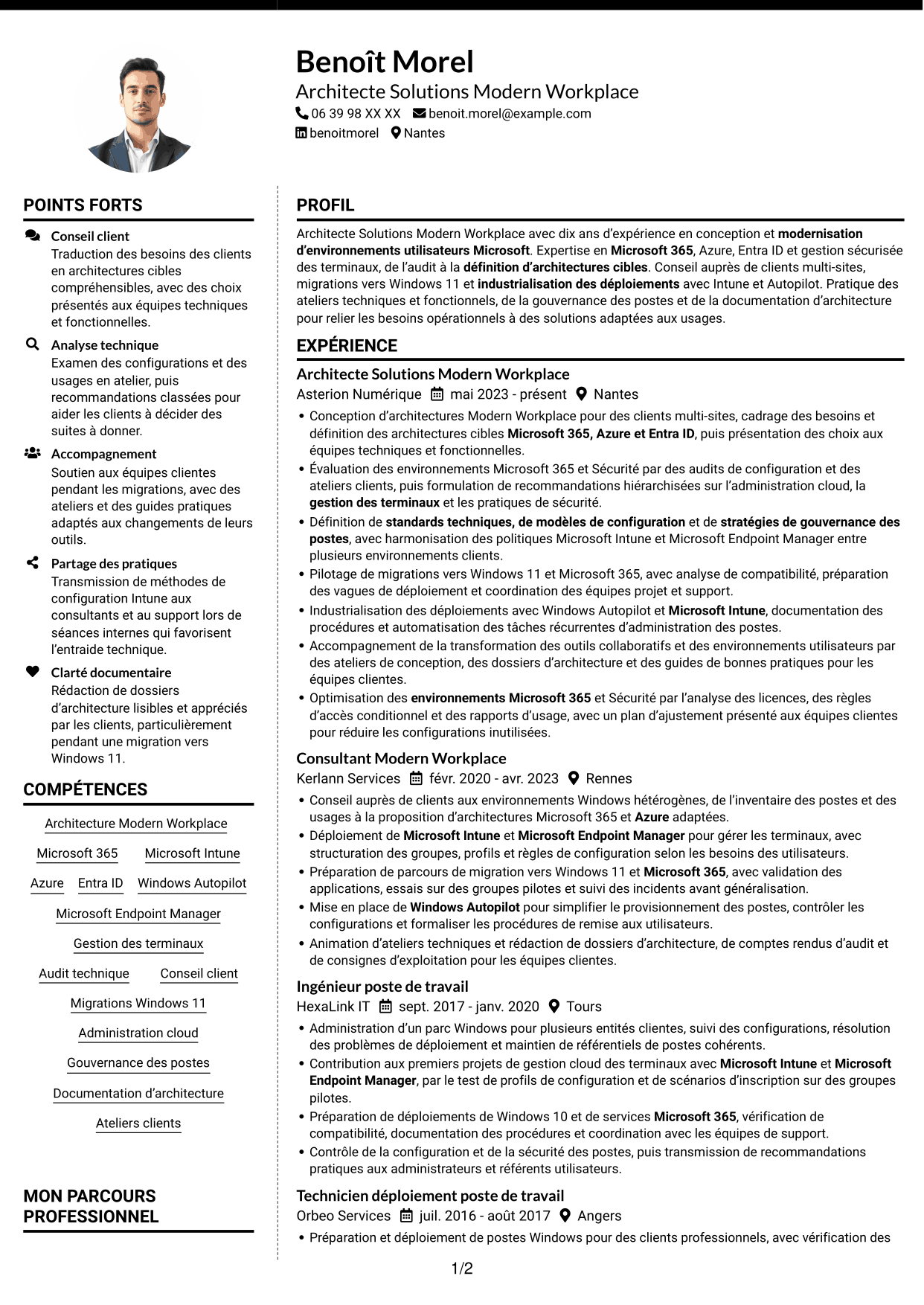 CV Moderne (format à deux colonnes avec photo à gauche et séparateur) : Architecte Solutions Modern Workplace, page 1