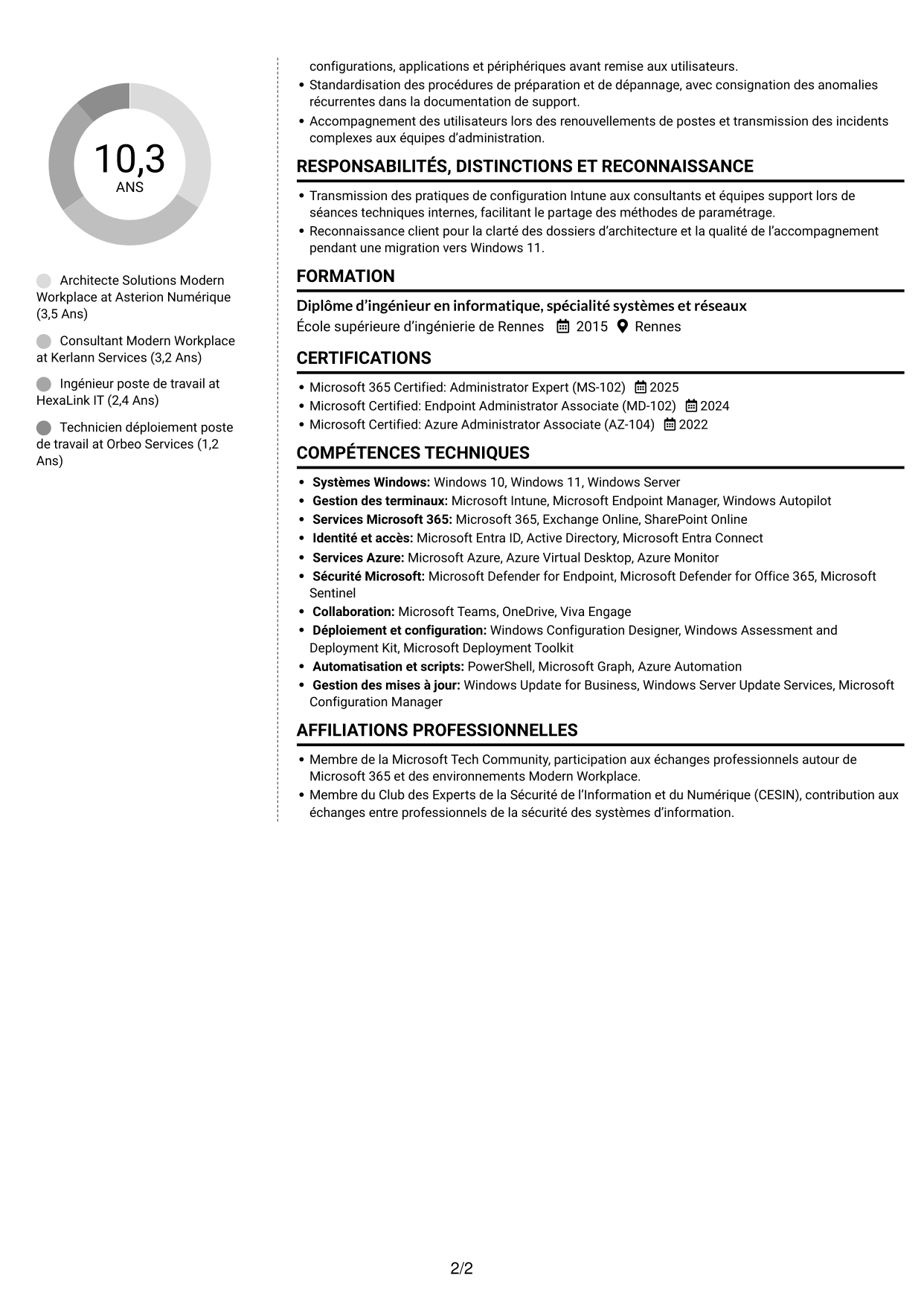 CV Moderne (format à deux colonnes avec photo à gauche et séparateur) : Architecte Solutions Modern Workplace, page 2