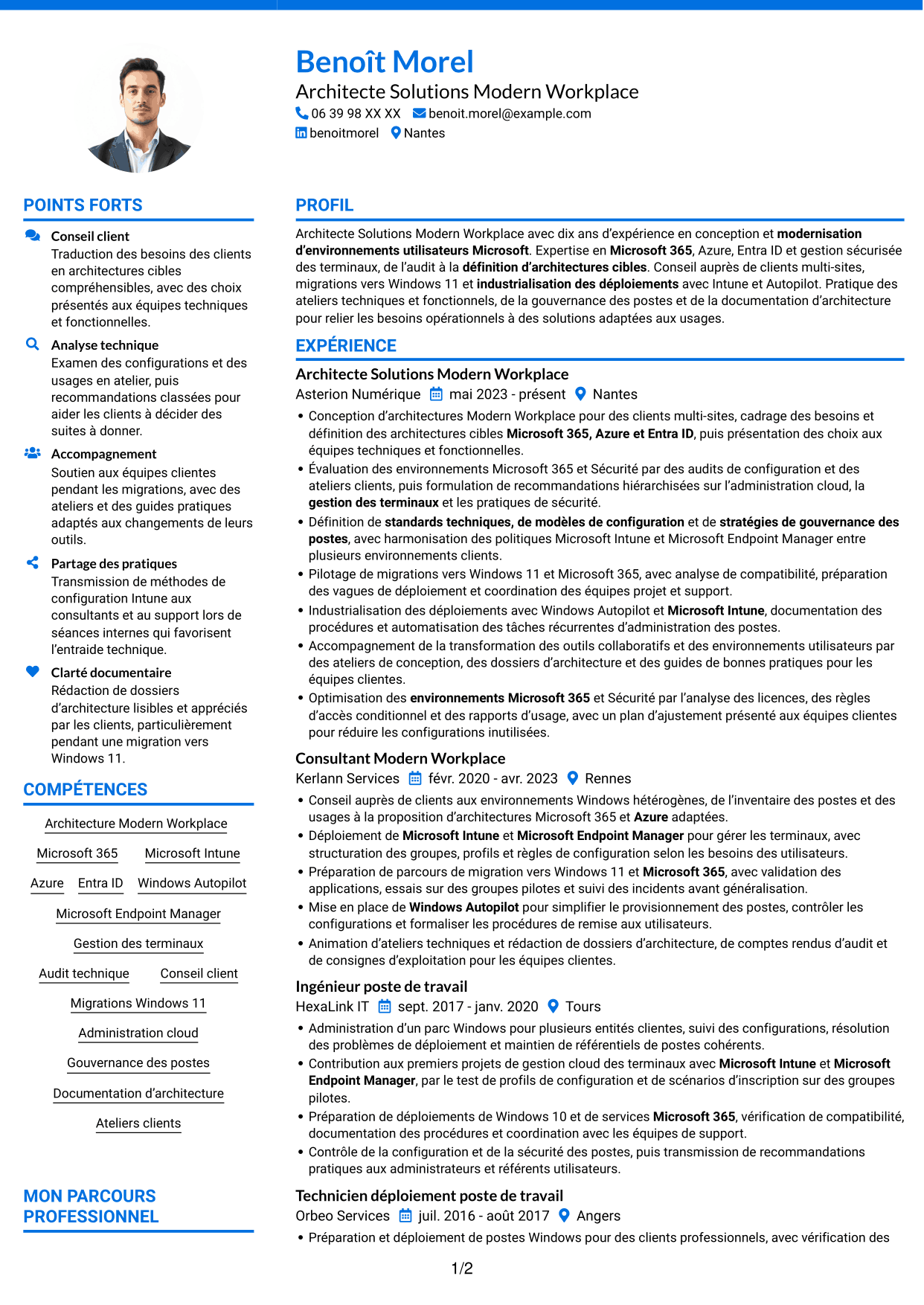 CV Audacieux (format à deux colonnes avec accents colorés et photo) : Architecte Solutions Modern Workplace, page 1