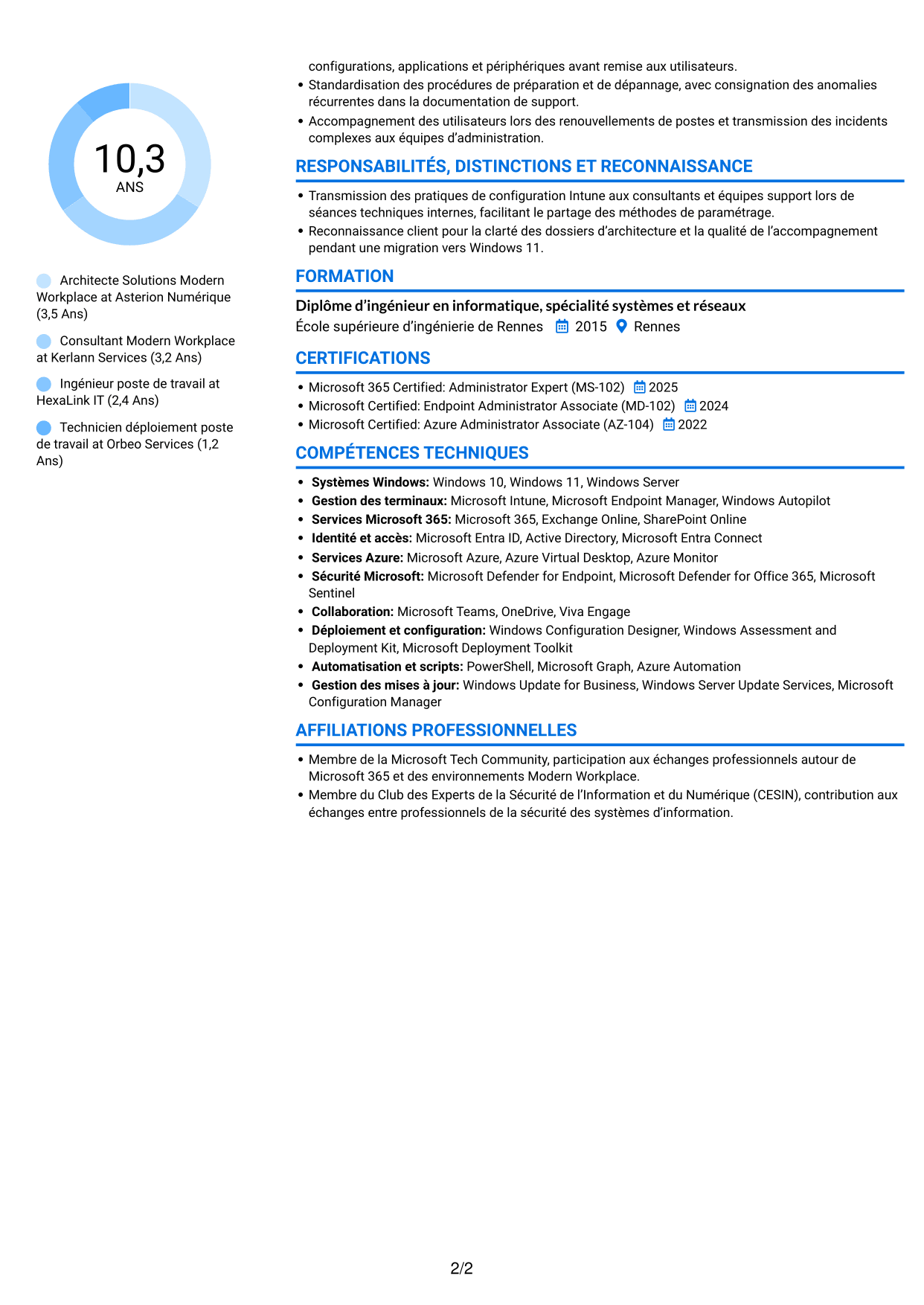 CV Audacieux (format à deux colonnes avec accents colorés et photo) : Architecte Solutions Modern Workplace, page 2
