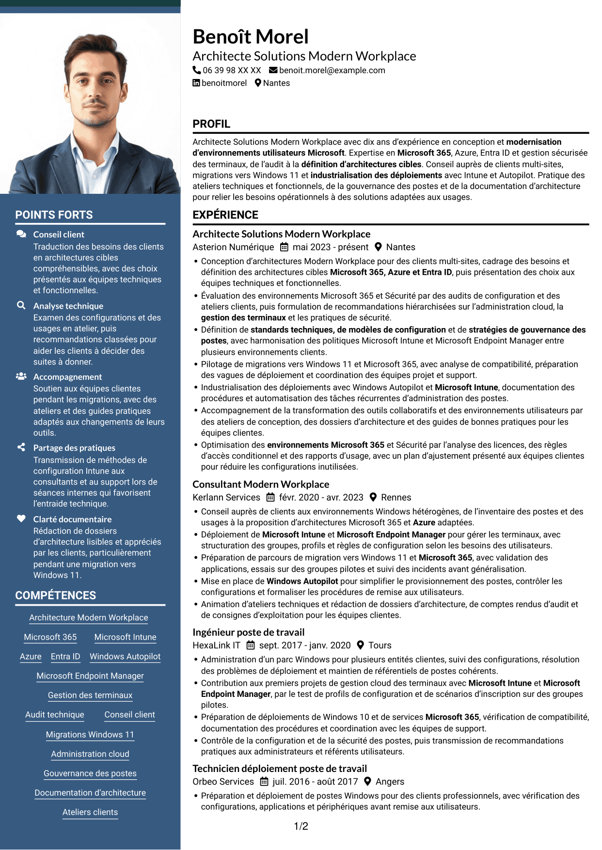 CV Signature (format à colonne latérale colorée avec grande photo) : Architecte Solutions Modern Workplace, page 1