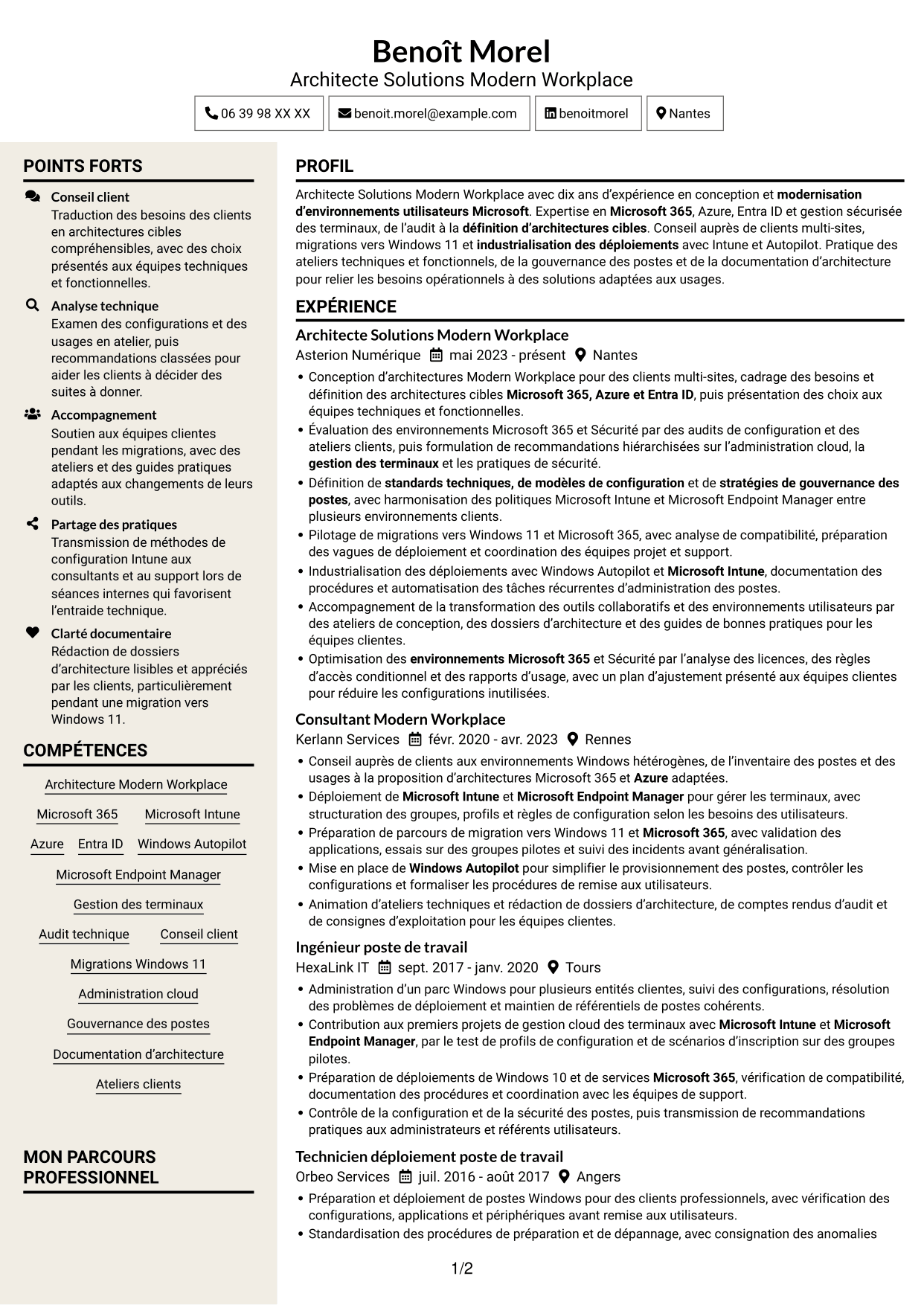 CV Fonceur (format à deux colonnes avec en-tête centré sans photo) : Architecte Solutions Modern Workplace, page 1