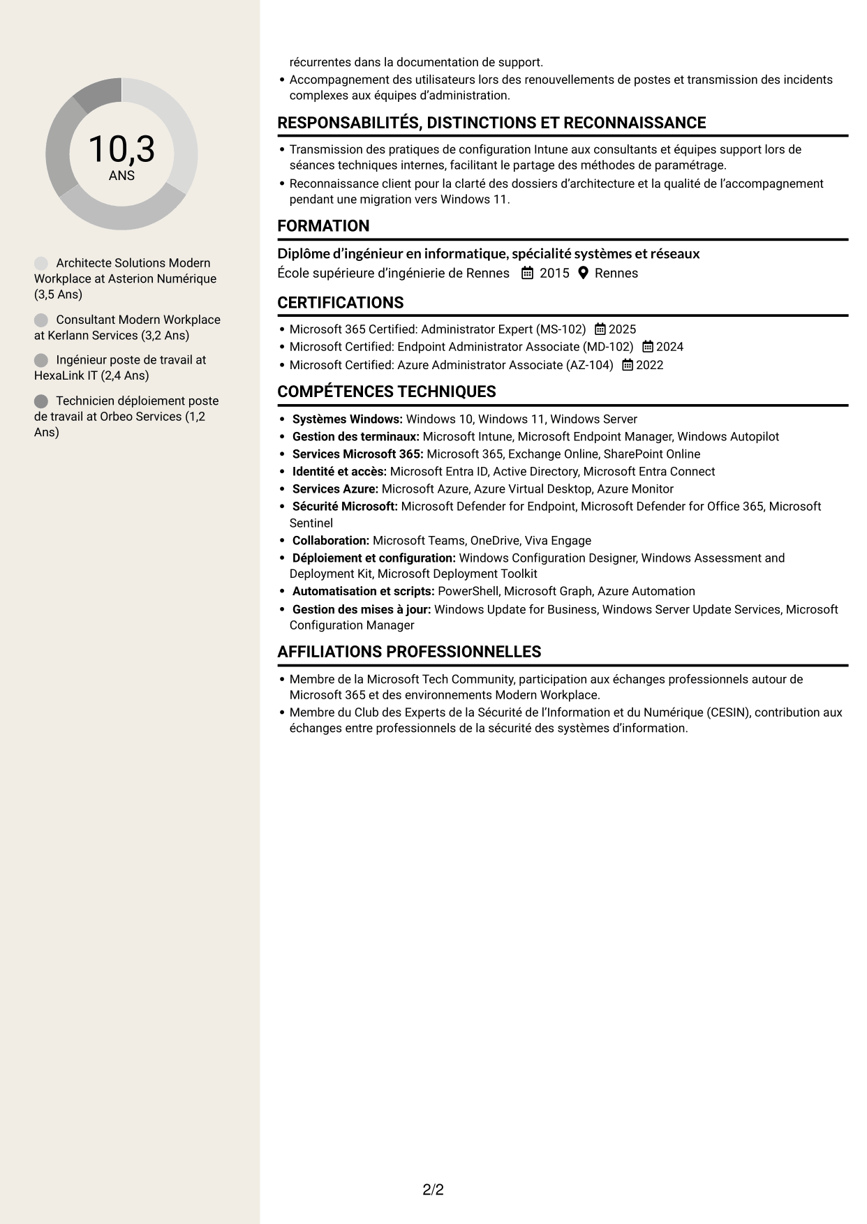 CV Fonceur (format à deux colonnes avec en-tête centré sans photo) : Architecte Solutions Modern Workplace, page 2