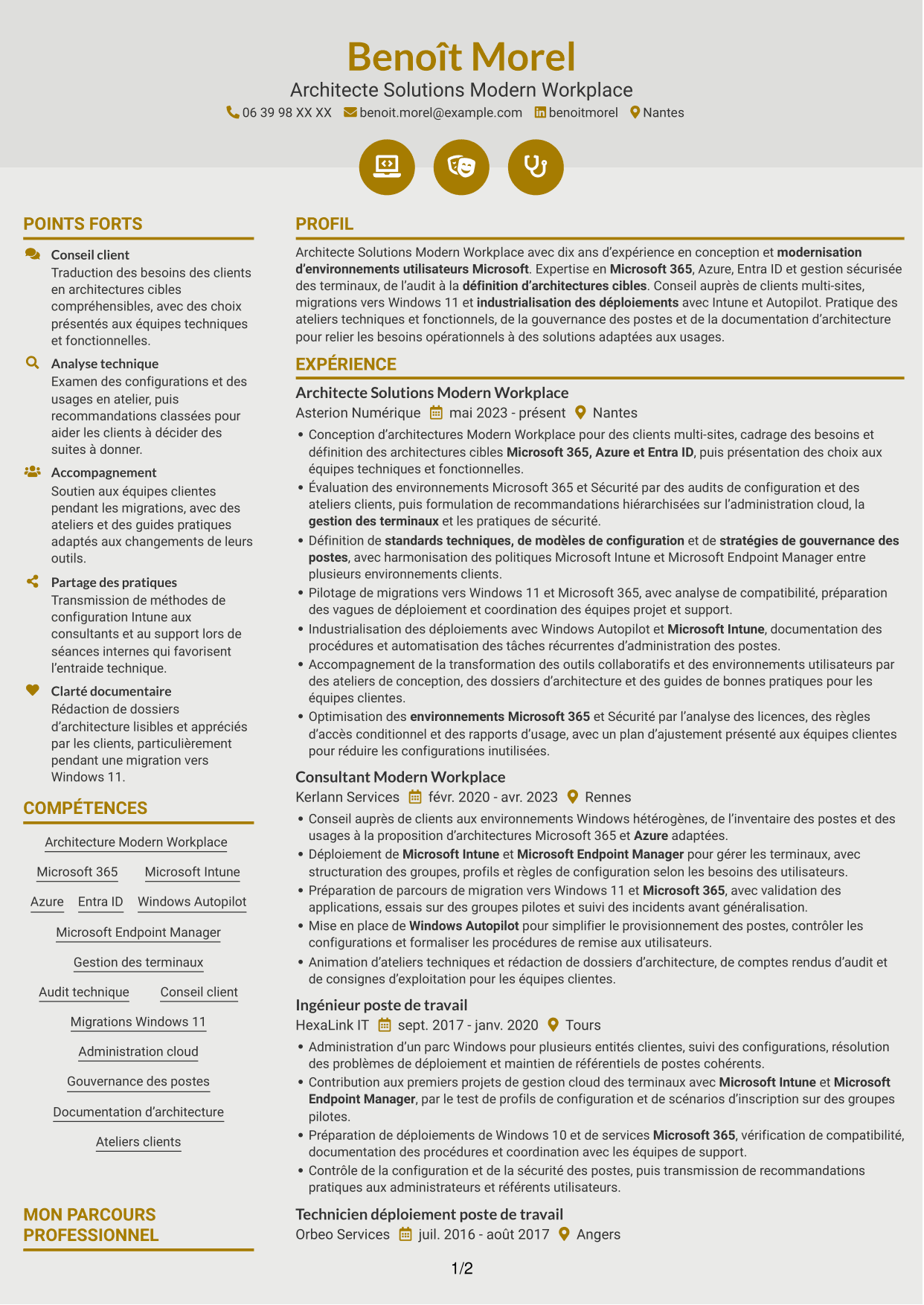 CV Dynamique (format à deux colonnes avec icônes) : Architecte Solutions Modern Workplace, page 1