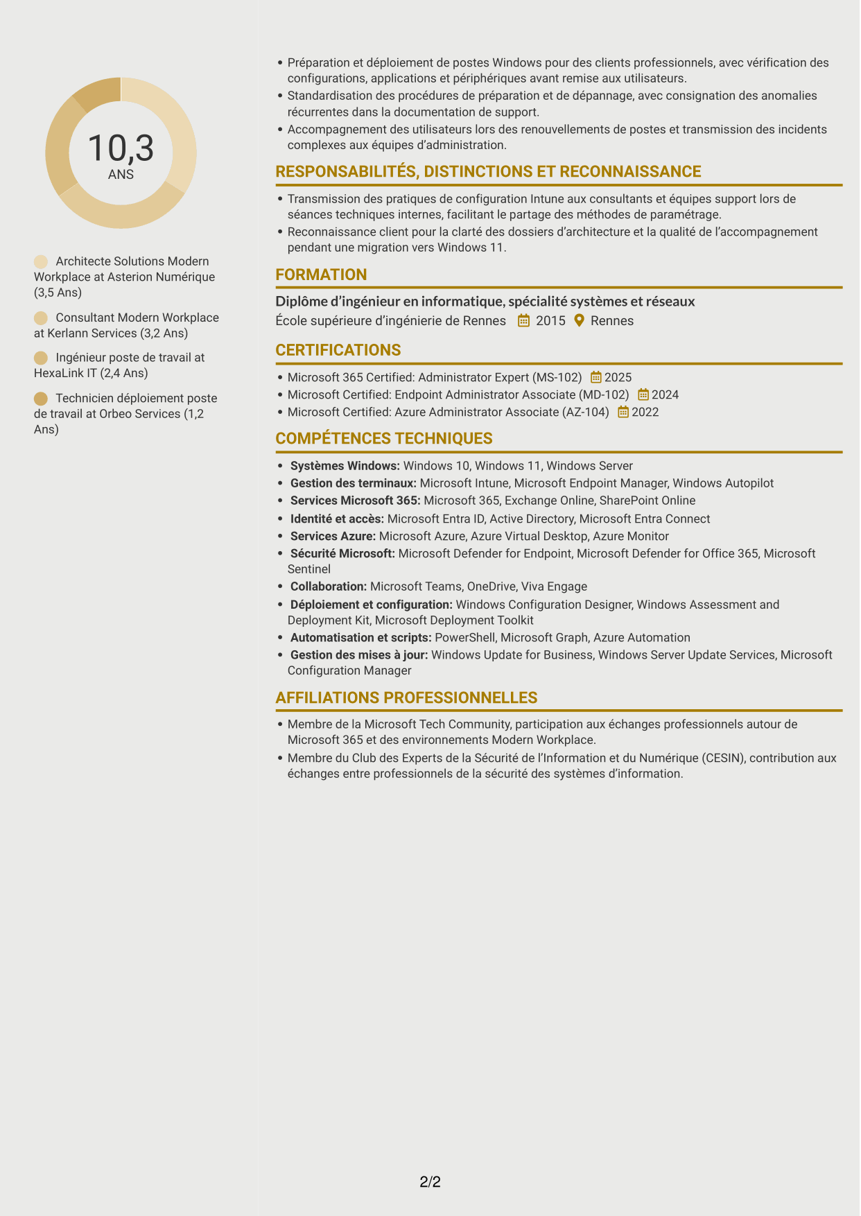 CV Dynamique (format à deux colonnes avec icônes) : Architecte Solutions Modern Workplace, page 2