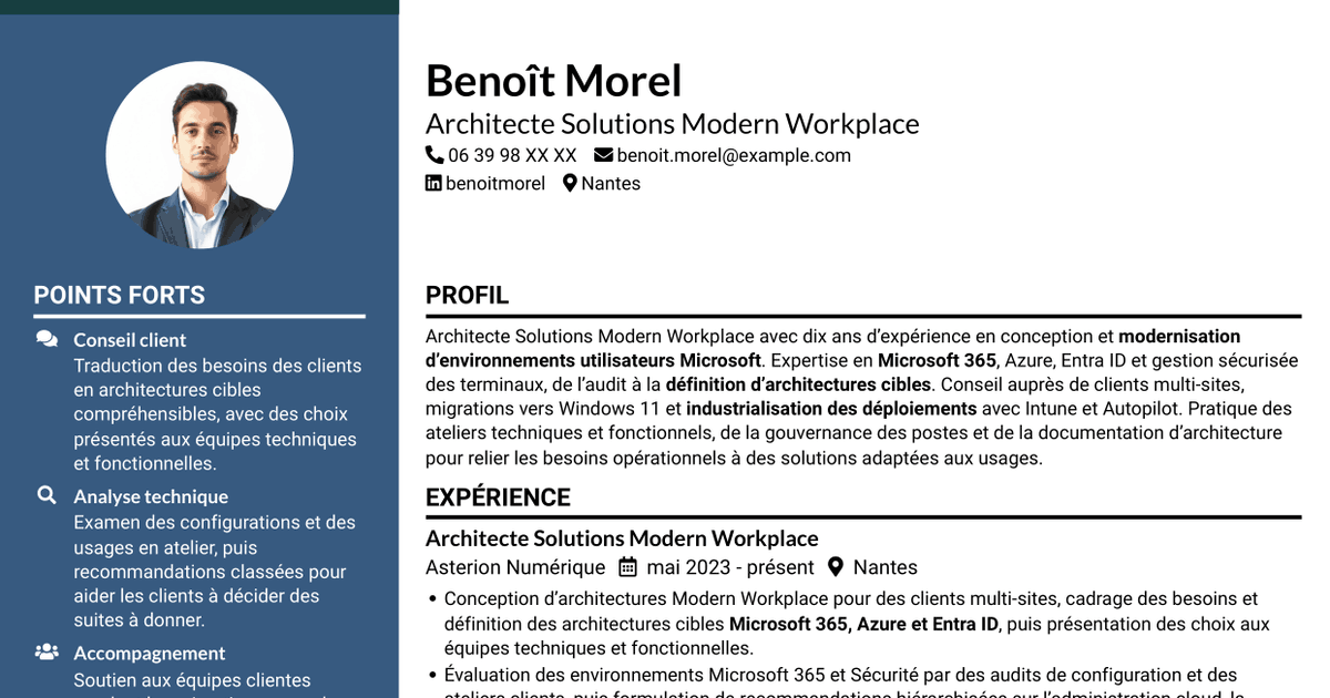 7 modèles de CV pour Architecte Solutions Modern Workplace, avec exemples