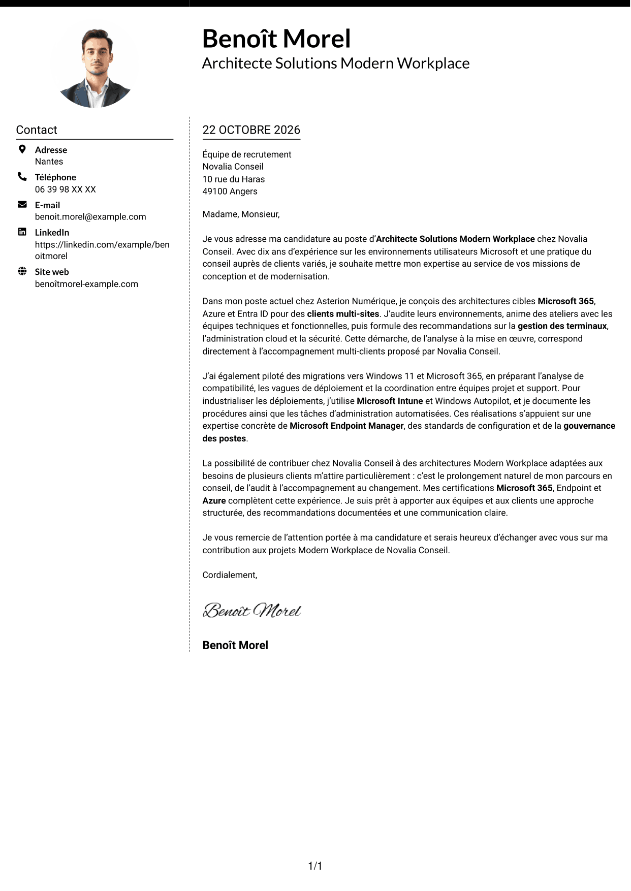 Lettre de motivation Moderne (format à deux colonnes avec photo à gauche et séparateur) : Architecte Solutions Modern Workplace, page 1