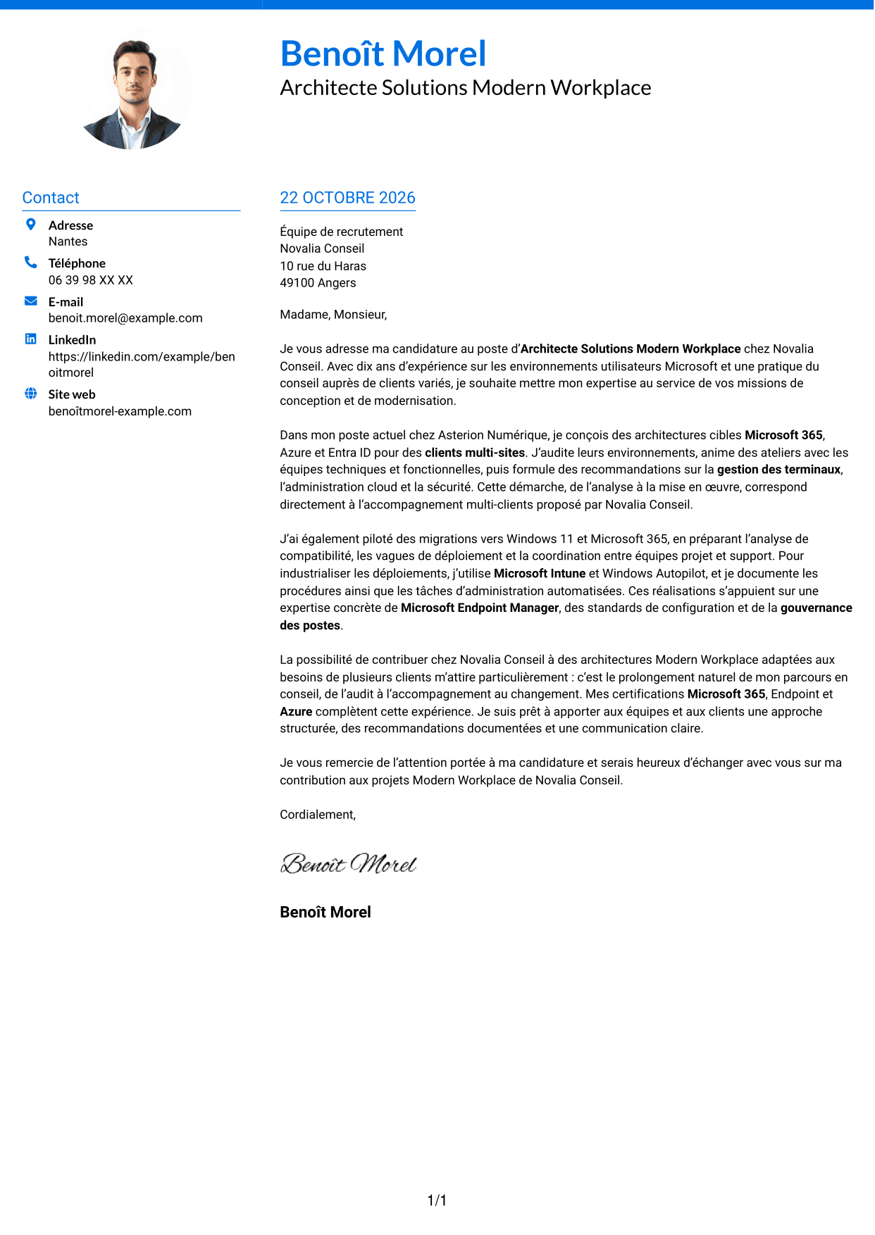Lettre de motivation Audacieux (format à deux colonnes avec accents colorés et photo) : Architecte Solutions Modern Workplace, page 1
