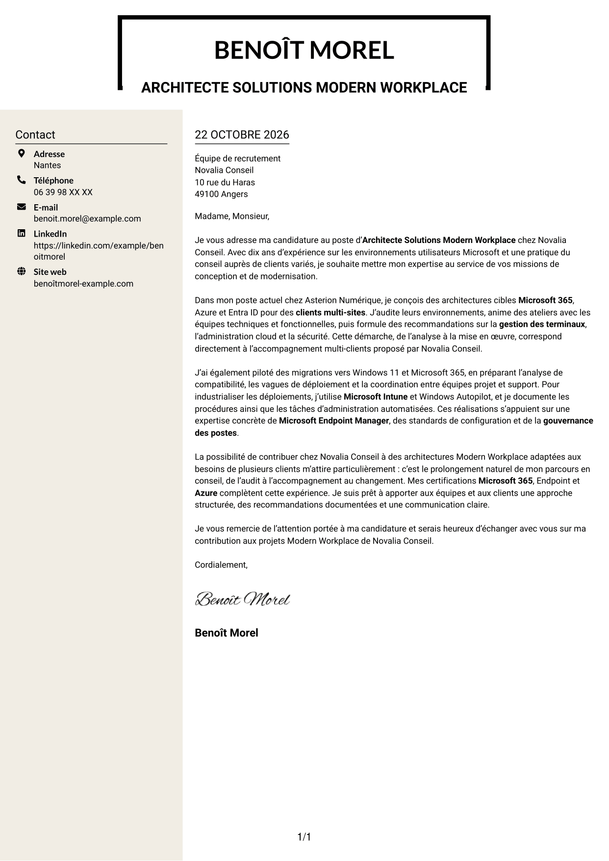 Lettre de motivation Fonceur (format à deux colonnes avec en-tête centré sans photo) : Architecte Solutions Modern Workplace, page 1