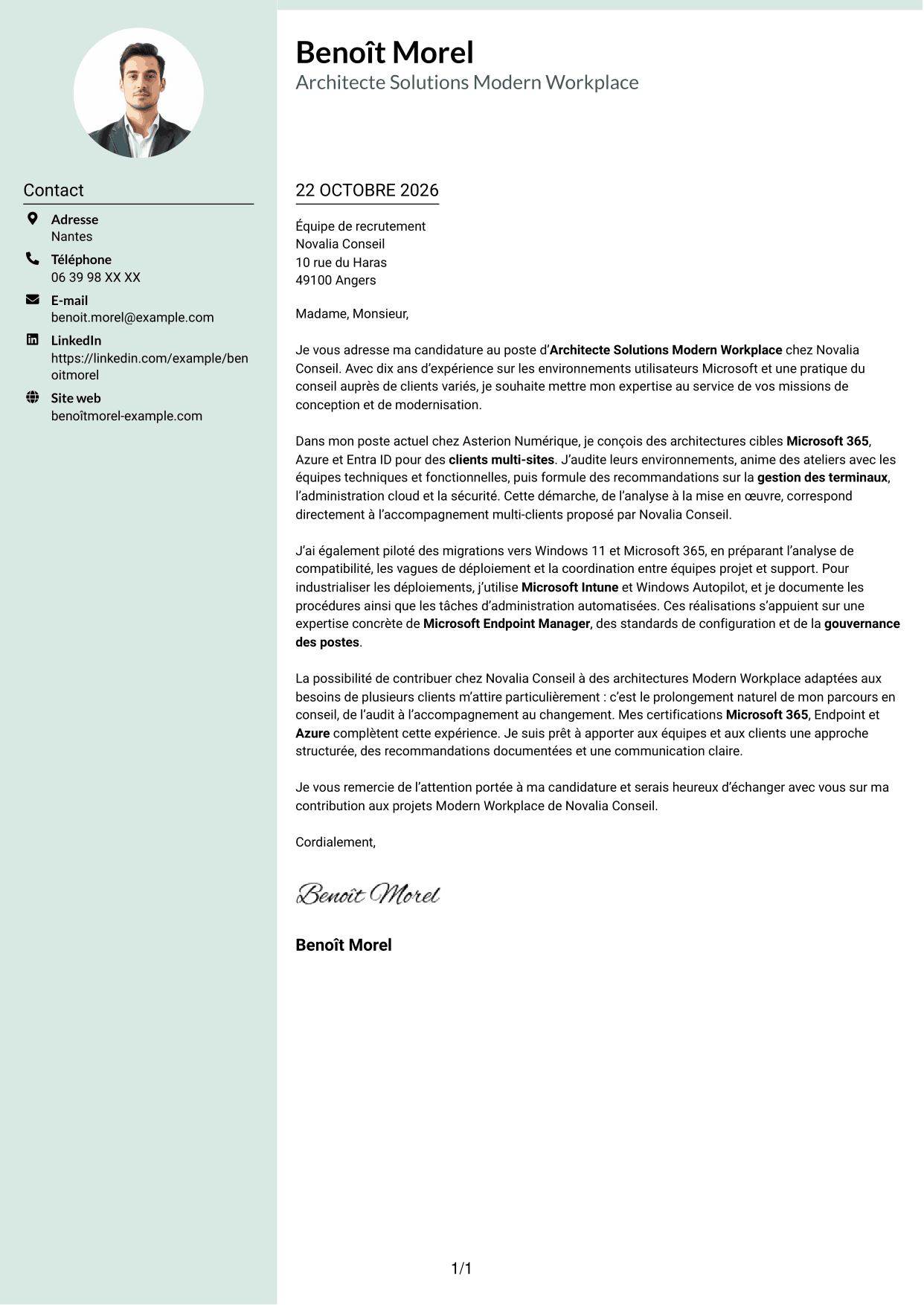 Lettre de motivation Cadre (format à colonne latérale douce avec photo arrondie) : Architecte Solutions Modern Workplace, page 1