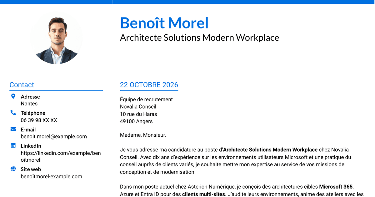 7 modèles de lettre de motivation pour Architecte Solutions Modern Workplace, avec exemples