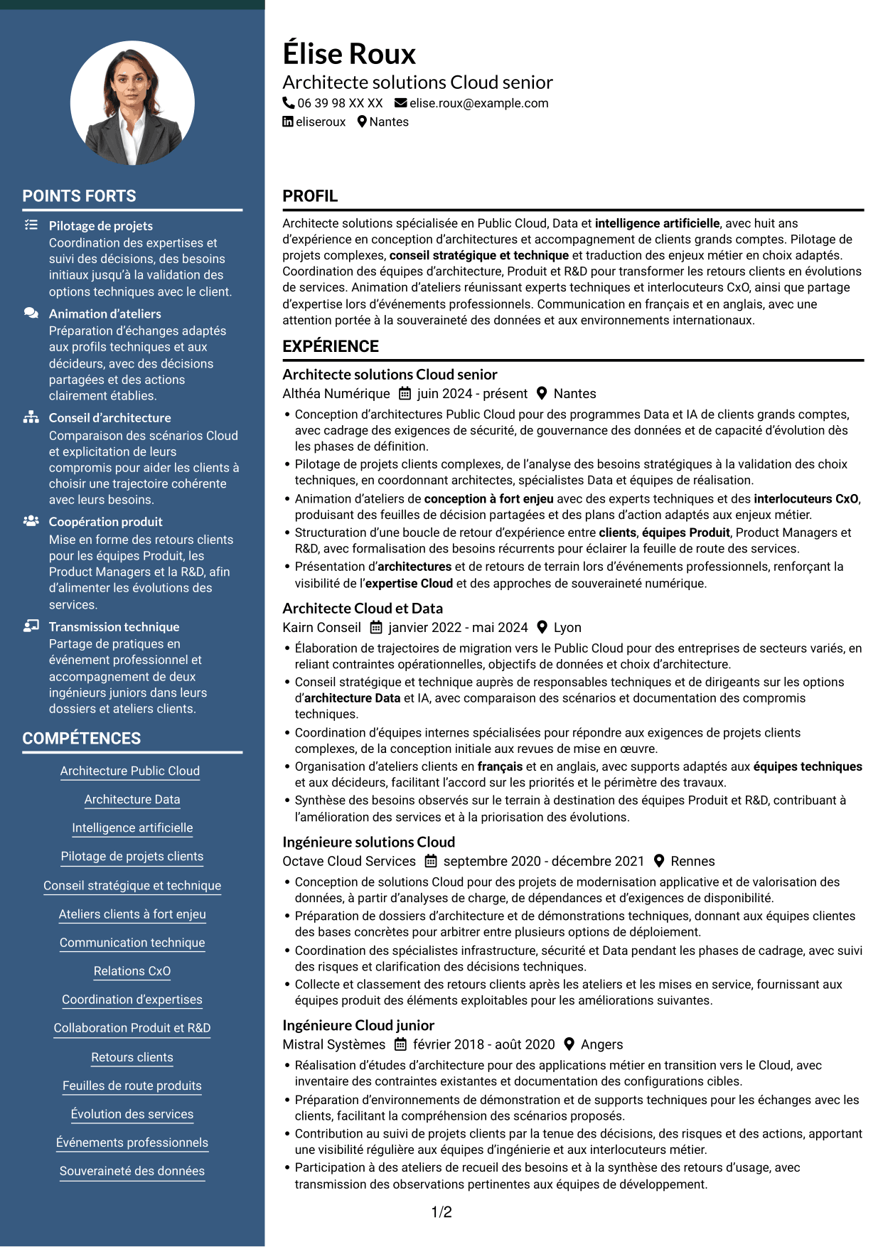 CV Élégant (format à colonne latérale colorée avec photo) : Architecte Solutions - Public Cloud, Data & IA, page 1