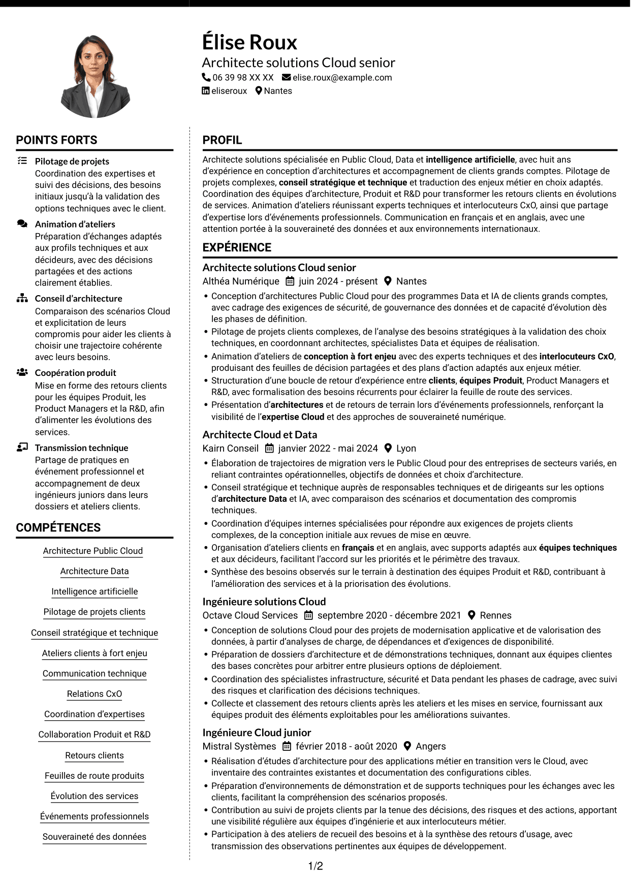 CV Moderne (format à deux colonnes avec photo à gauche et séparateur) : Architecte Solutions - Public Cloud, Data & IA, page 1
