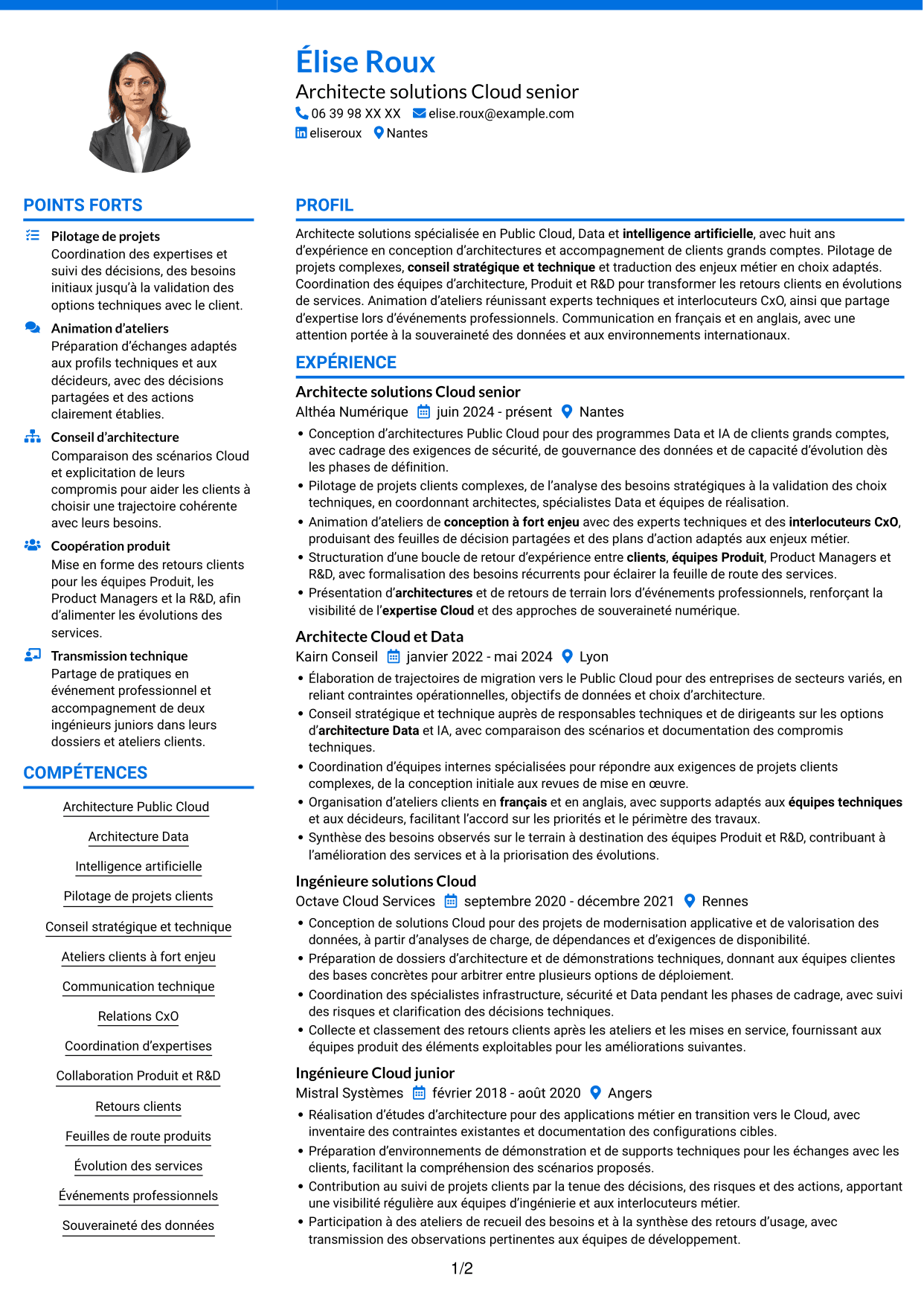 CV Audacieux (format à deux colonnes avec accents colorés et photo) : Architecte Solutions - Public Cloud, Data & IA, page 1