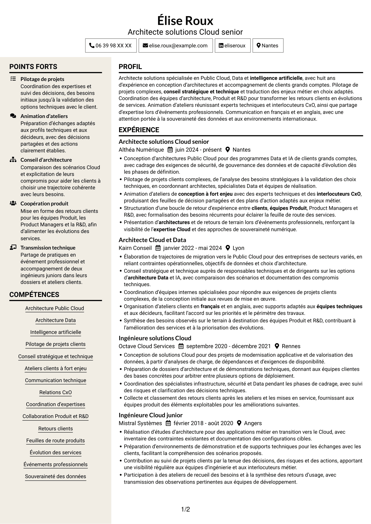 CV Fonceur (format à deux colonnes avec en-tête centré sans photo) : Architecte Solutions - Public Cloud, Data & IA, page 1