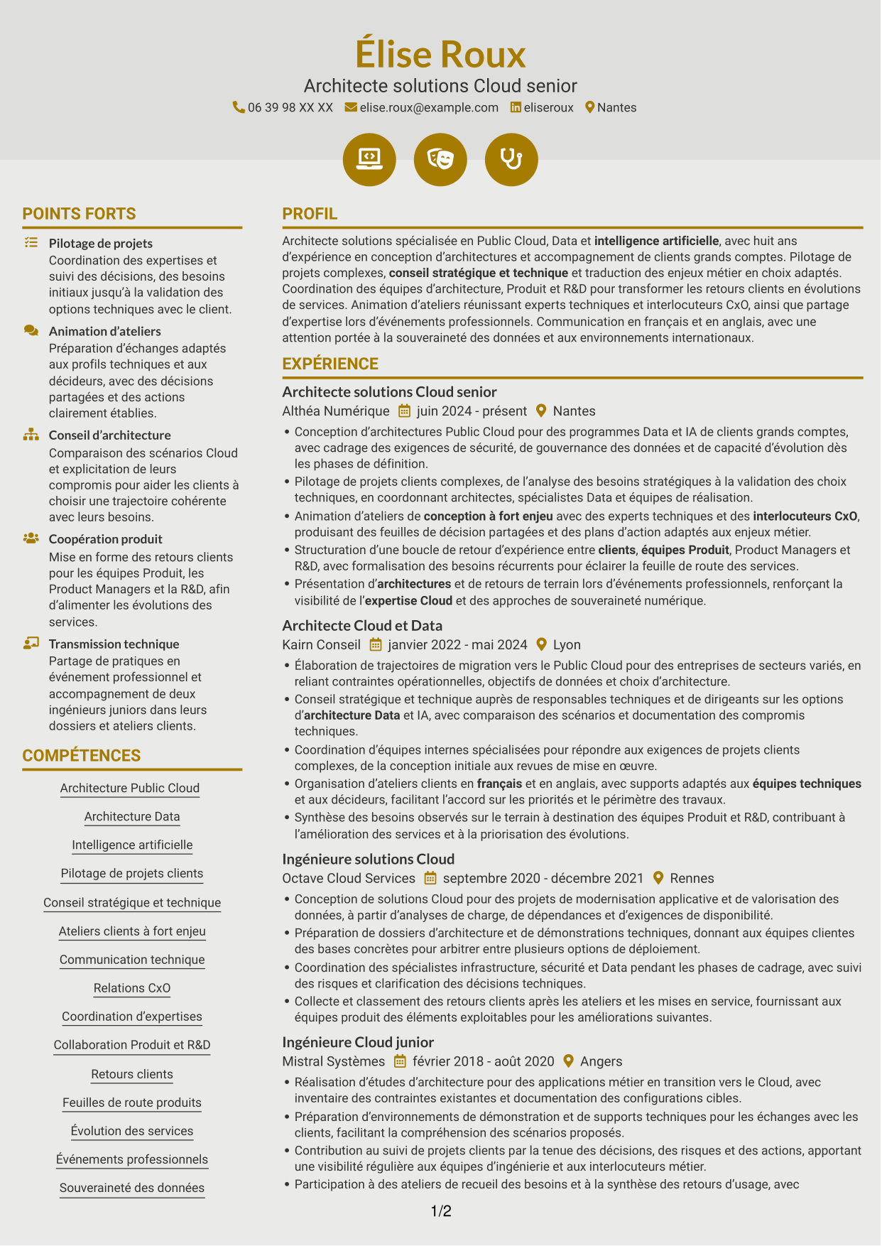 CV Dynamique (format à deux colonnes avec icônes) : Architecte Solutions - Public Cloud, Data & IA, page 1