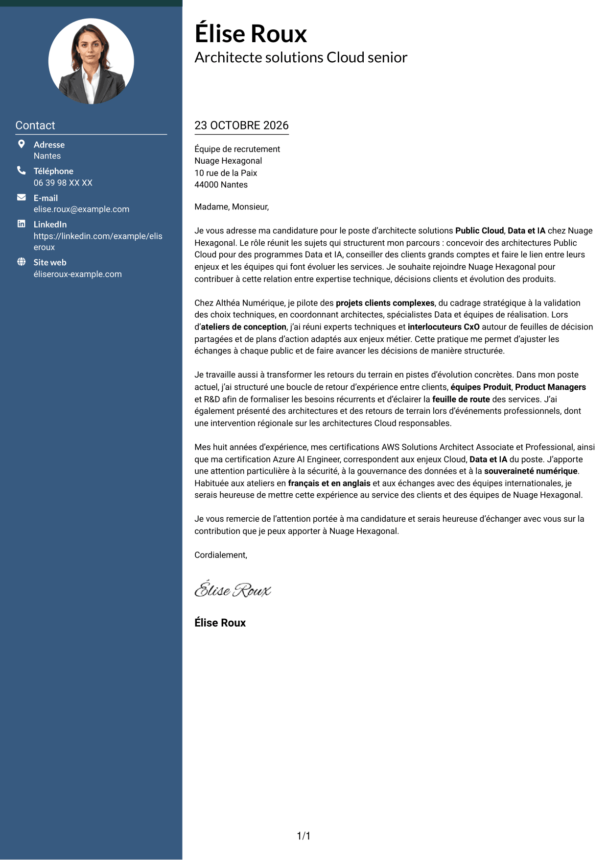 Lettre de motivation Élégant (format à colonne latérale colorée avec photo) : Architecte Solutions - Public Cloud, Data & IA, page 1