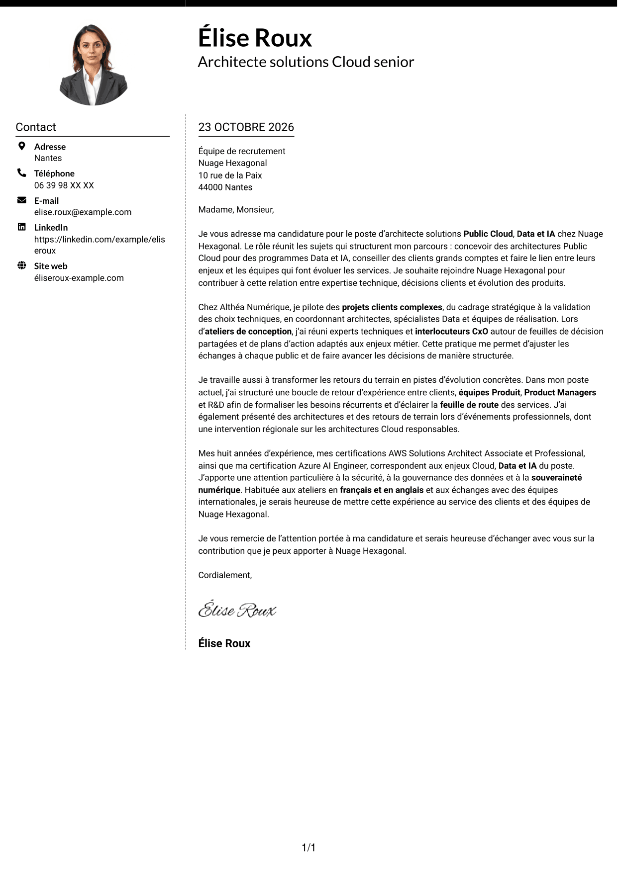 Lettre de motivation Moderne (format à deux colonnes avec photo à gauche et séparateur) : Architecte Solutions - Public Cloud, Data & IA, page 1