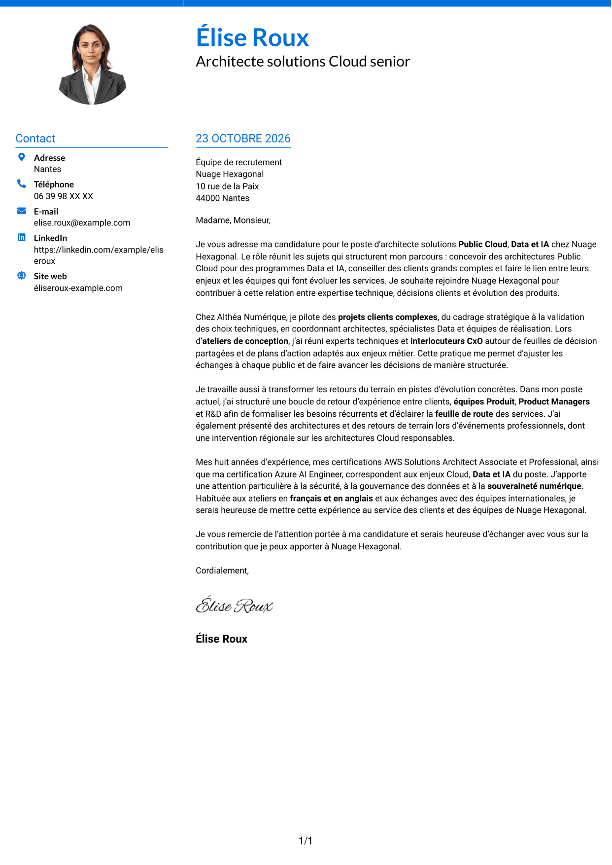Lettre de motivation Audacieux (format à deux colonnes avec accents colorés et photo) : Architecte Solutions - Public Cloud, Data & IA, page 1