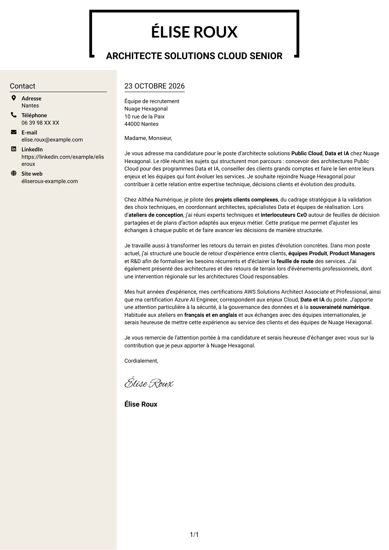 Lettre de motivation Fonceur (format à deux colonnes avec en-tête centré sans photo) : Architecte Solutions - Public Cloud, Data & IA, page 1