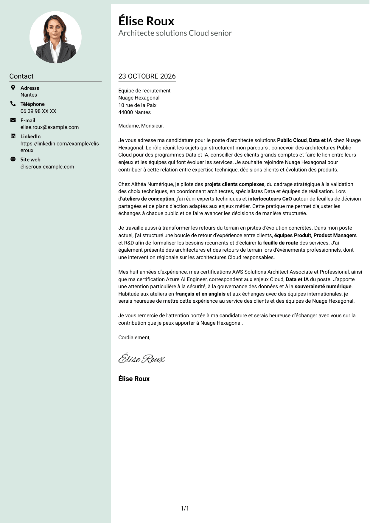 Lettre de motivation Cadre (format à colonne latérale douce avec photo arrondie) : Architecte Solutions - Public Cloud, Data & IA, page 1