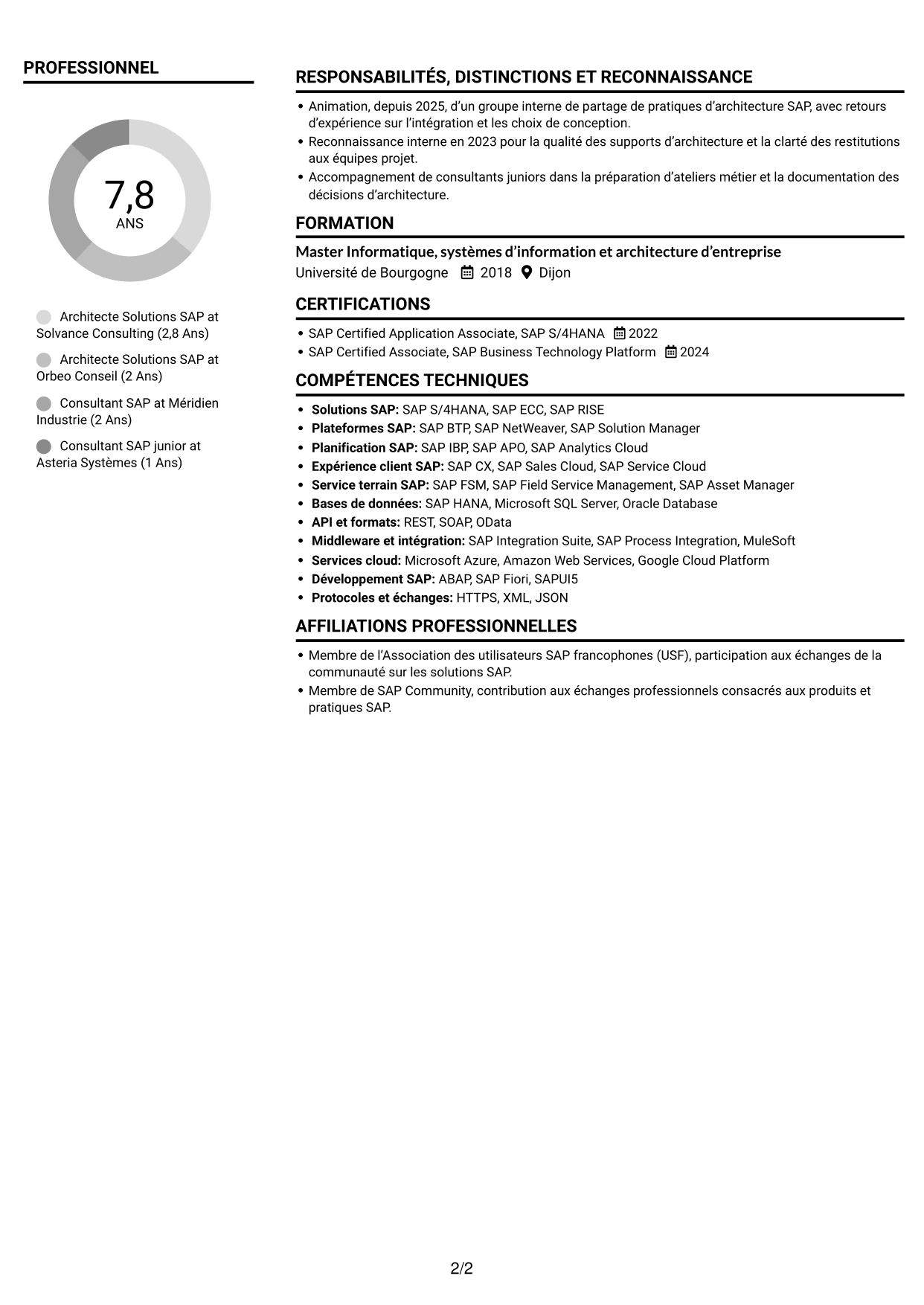 CV Compact (format sobre à deux colonnes avec photo) : Architecte Solutions SAP - Transformation S/4HANA, page 2