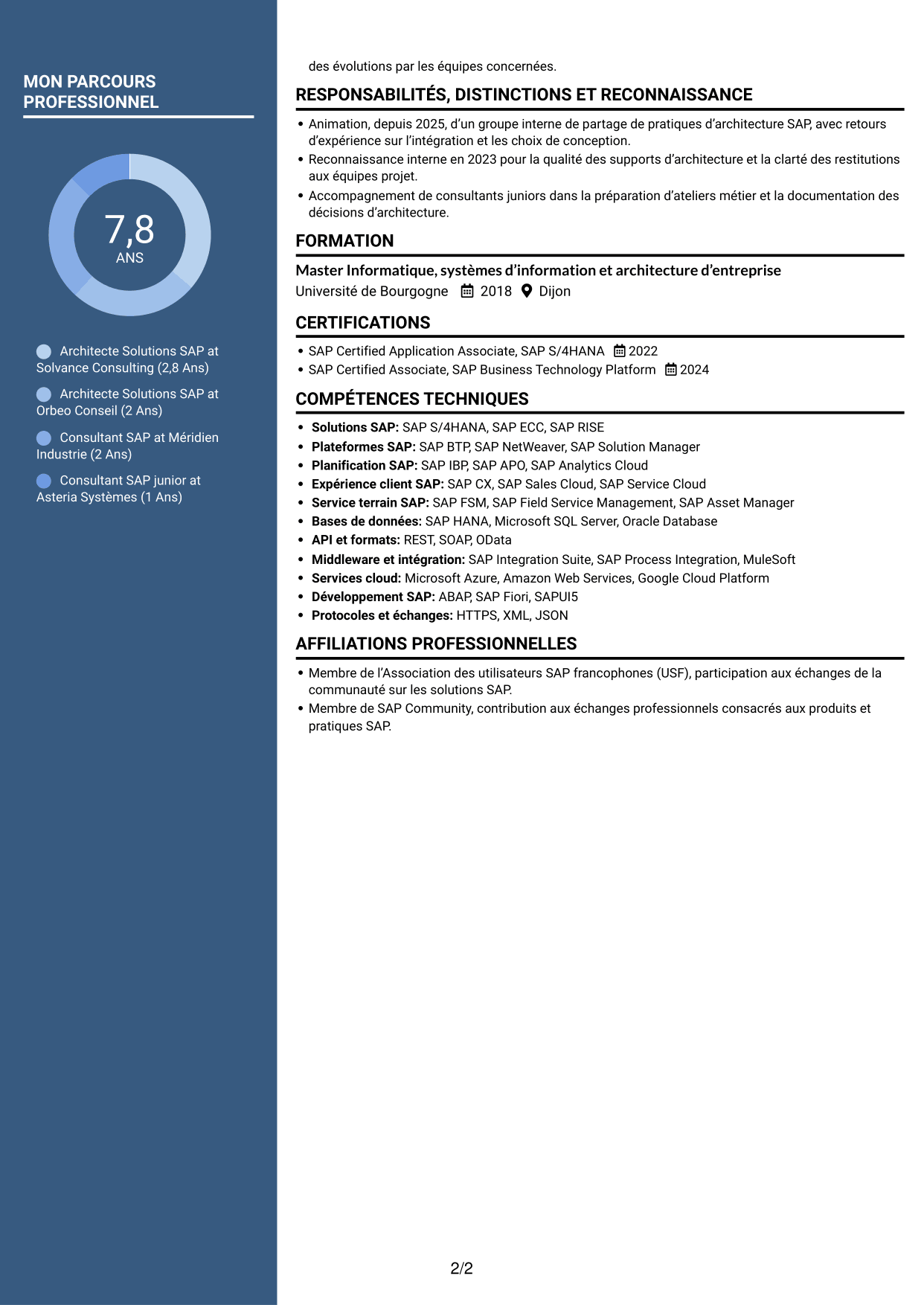 CV Élégant (format à colonne latérale colorée avec photo) : Architecte Solutions SAP - Transformation S/4HANA, page 2