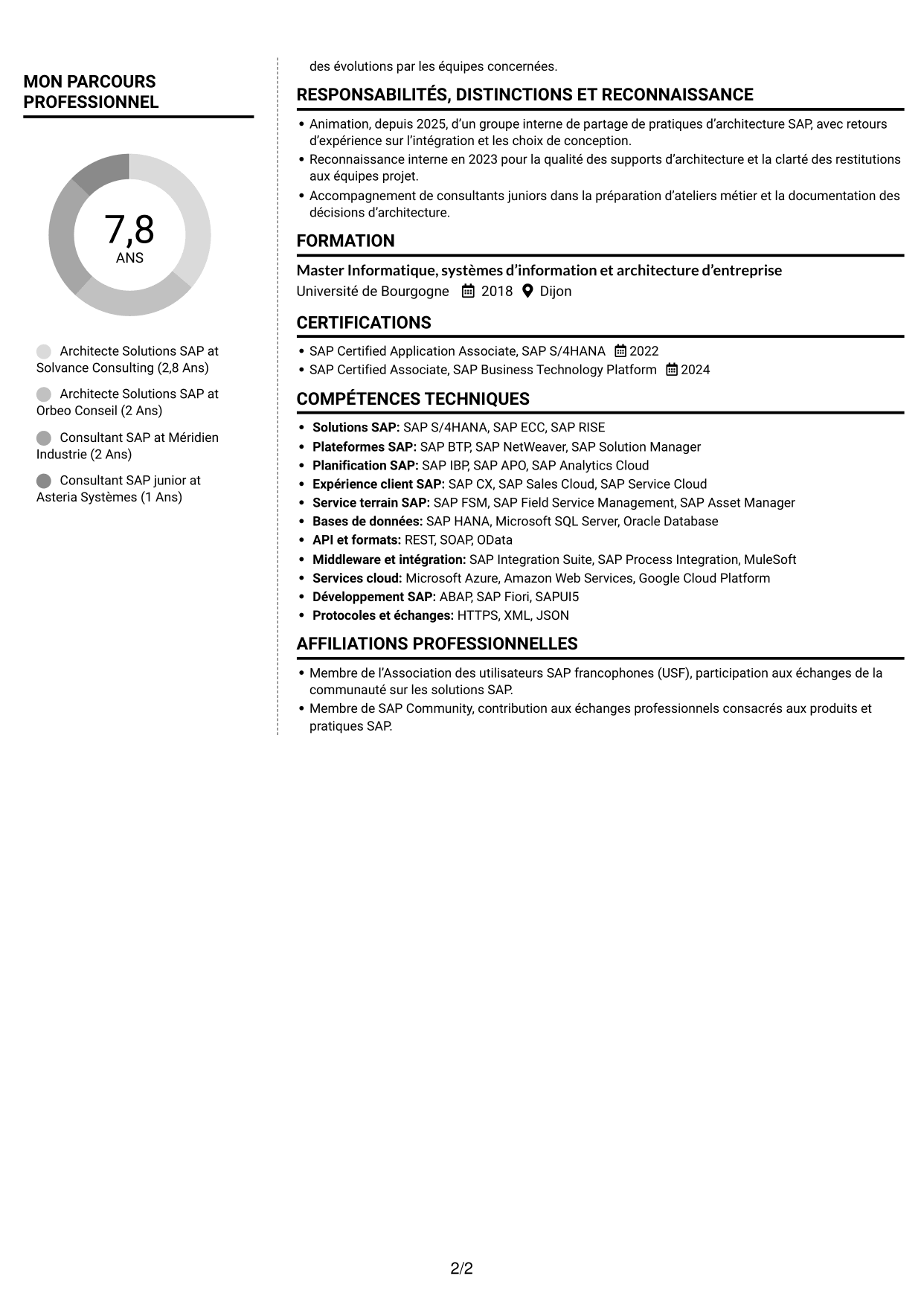 CV Moderne (format à deux colonnes avec photo à gauche et séparateur) : Architecte Solutions SAP - Transformation S/4HANA, page 2