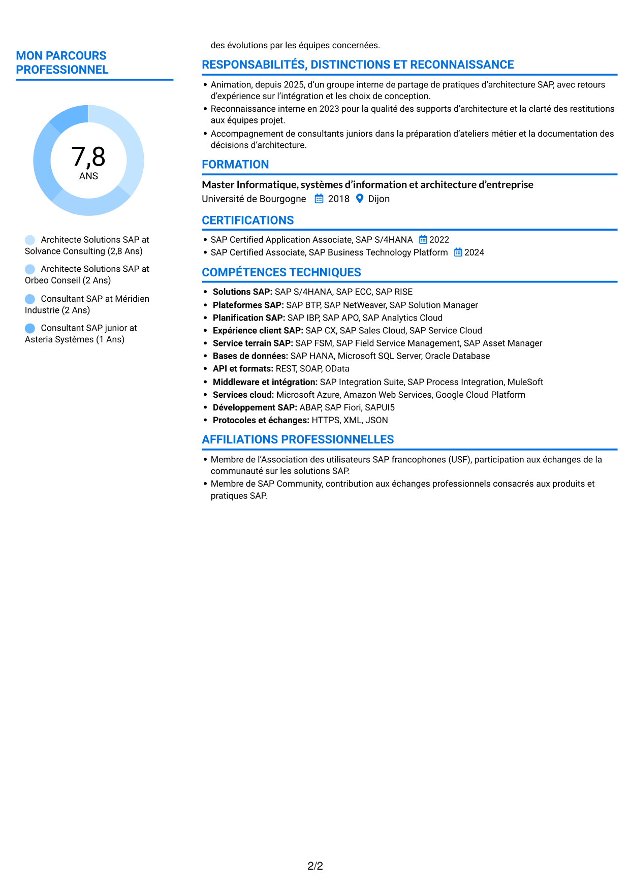 CV Audacieux (format à deux colonnes avec accents colorés et photo) : Architecte Solutions SAP - Transformation S/4HANA, page 2