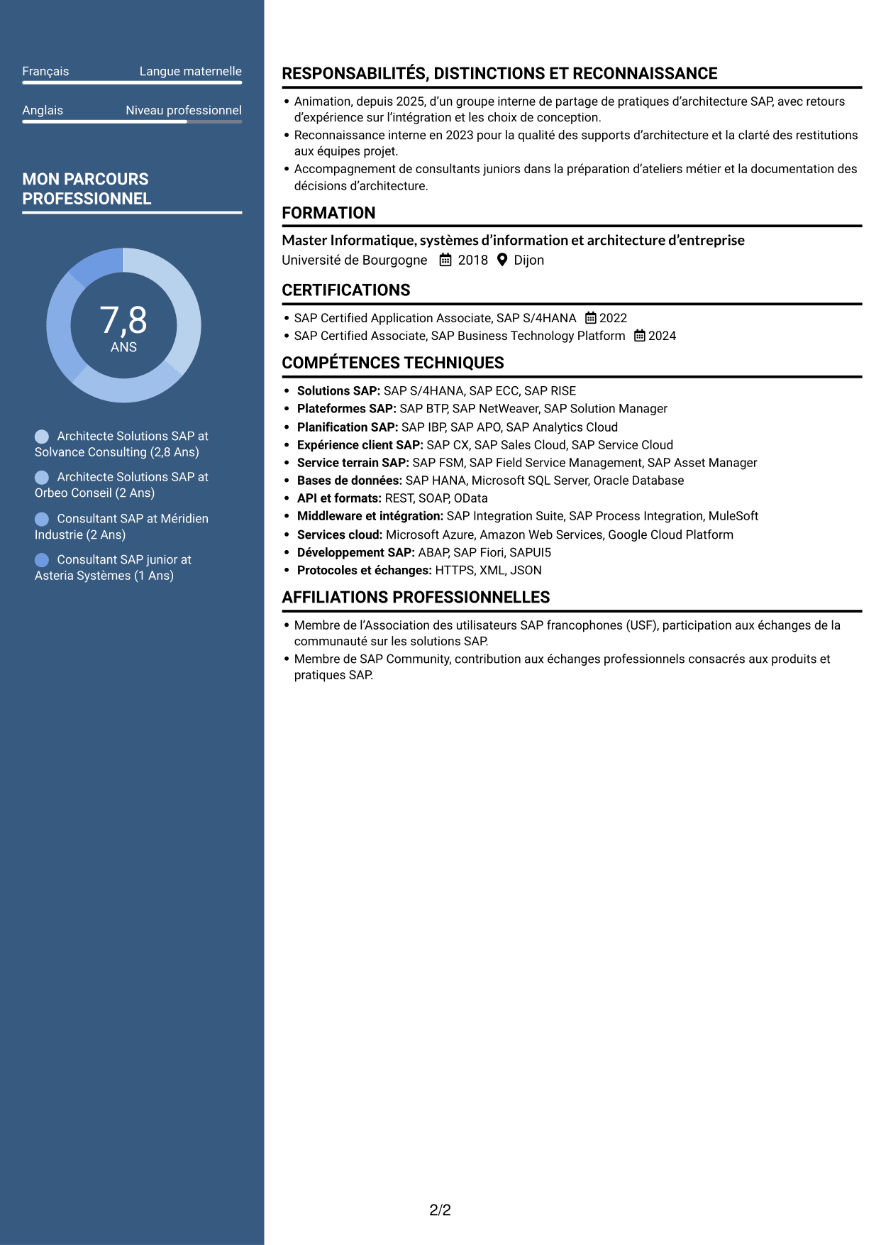 CV Signature (format à colonne latérale colorée avec grande photo) : Architecte Solutions SAP - Transformation S/4HANA, page 2