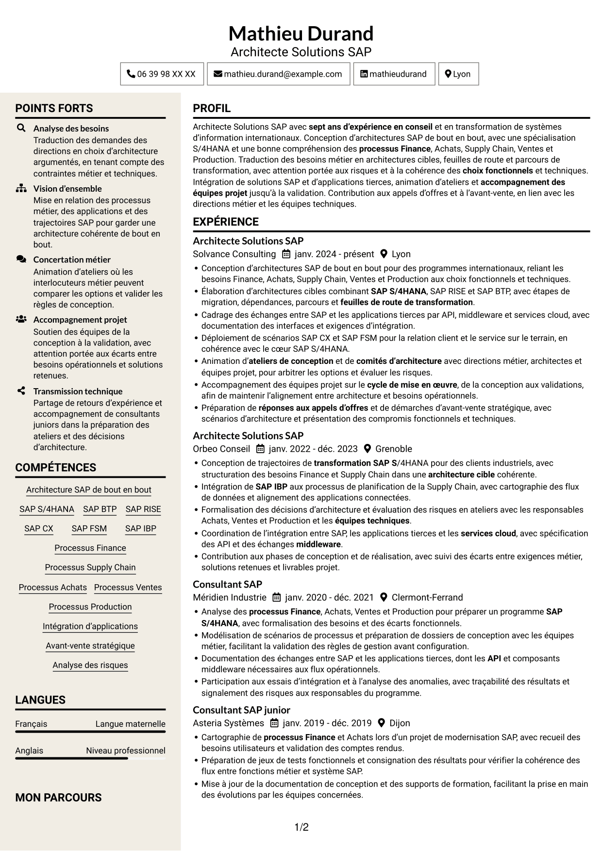 CV Fonceur (format à deux colonnes avec en-tête centré sans photo) : Architecte Solutions SAP - Transformation S/4HANA, page 1